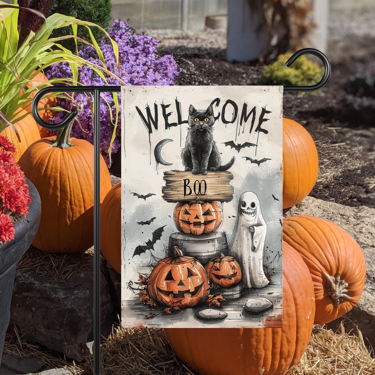 Spooky Halloween Garden Flag - Black Cat Ghosts Bats Design 12x18 Inch Outdoor Decor