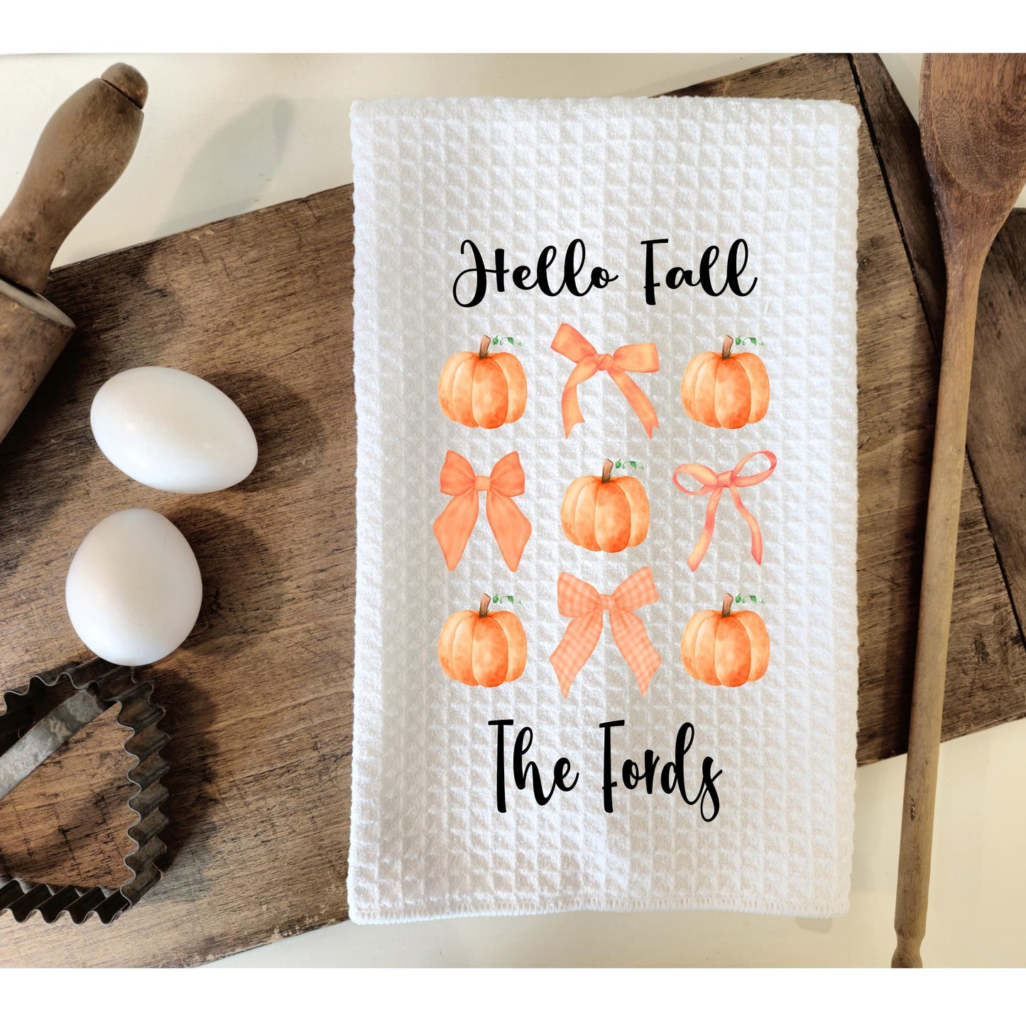 Personalized Hello Fall Waffle Weave Towel, Autumn Waffle Weave Towel, Unique Hostess Gift, Custom Kitchen Decor, Fall Theme Towel