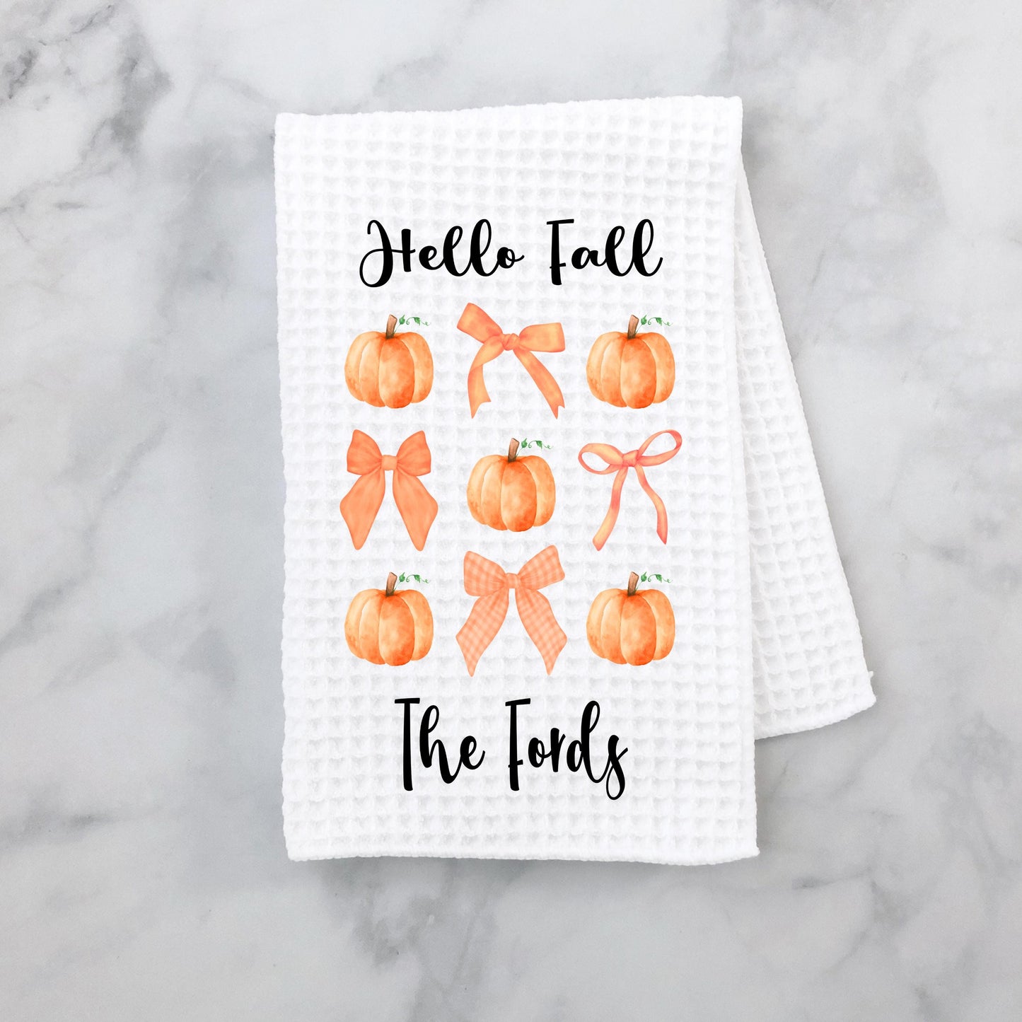 Personalized Hello Fall Waffle Weave Towel, Autumn Waffle Weave Towel, Unique Hostess Gift, Custom Kitchen Decor, Fall Theme Towel