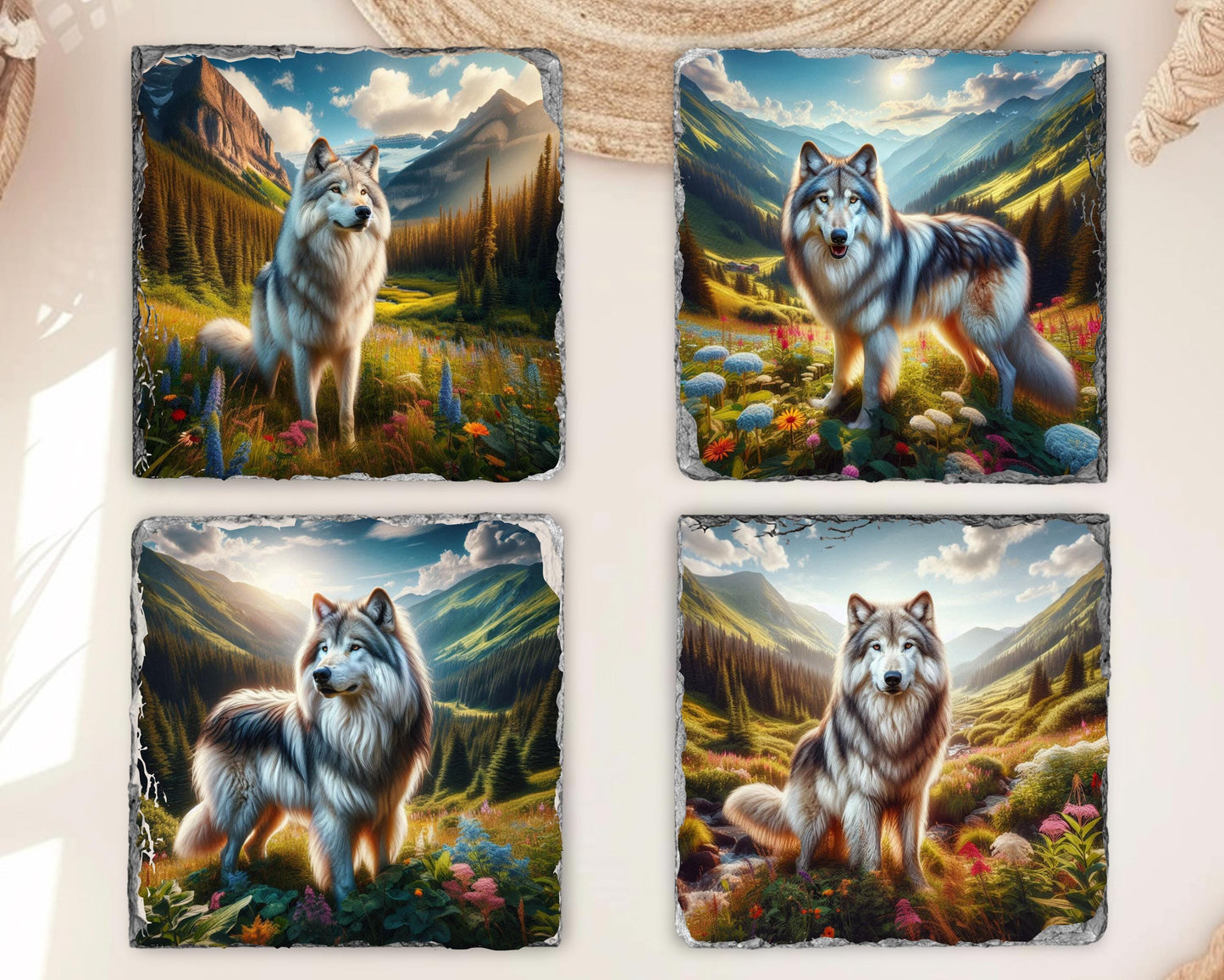 Artistic Wolf Mountain Slate Coaster Set Ideal Gift for Wildlife Lovers and Housewarmings