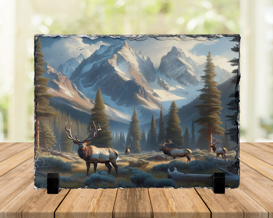 Elk Herd Slate Picture with Stand - Unique Hunting Gift for Him