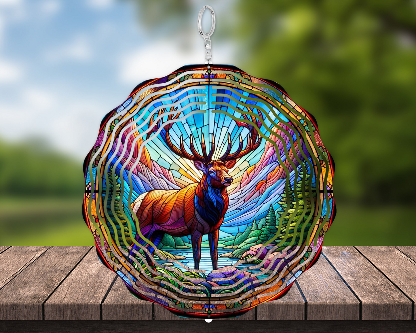 Handcrafted Elk Faux Stained Glass 3D Wind Spinner