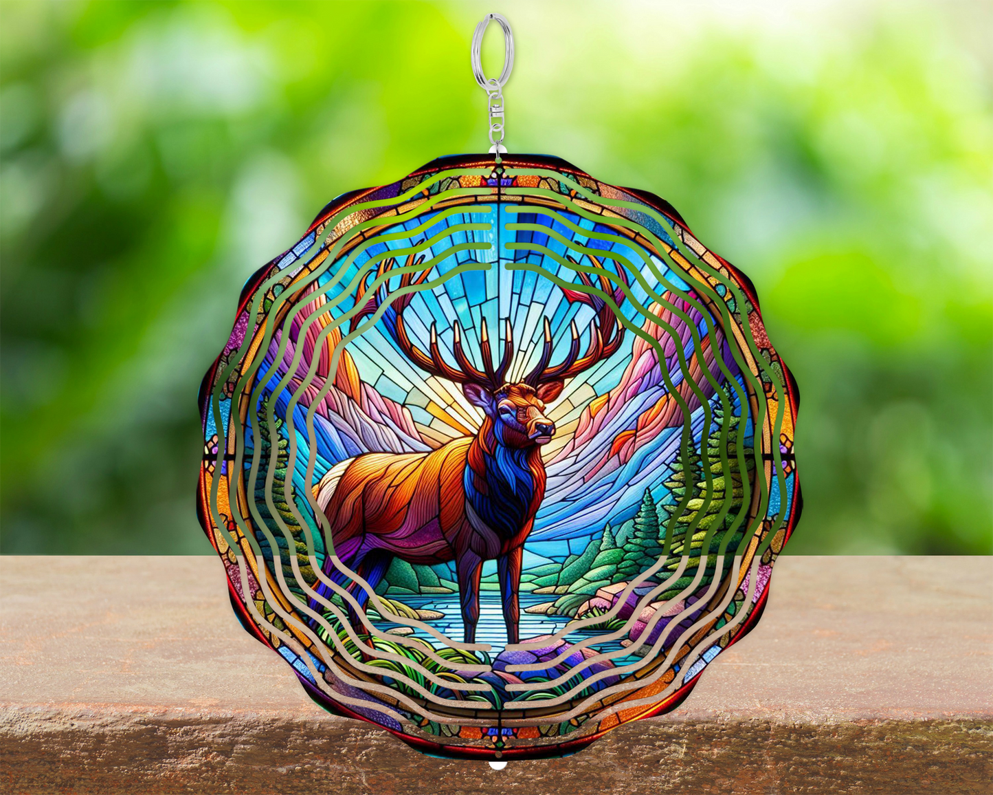 Colorful Elk Wind Spinner with Mountain Scene