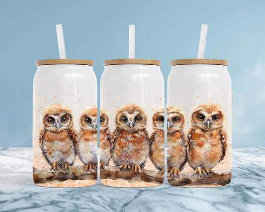Eco-Friendly 16oz Stainless Steel Can with Bamboo Lid, Five Owls Watercolor Art