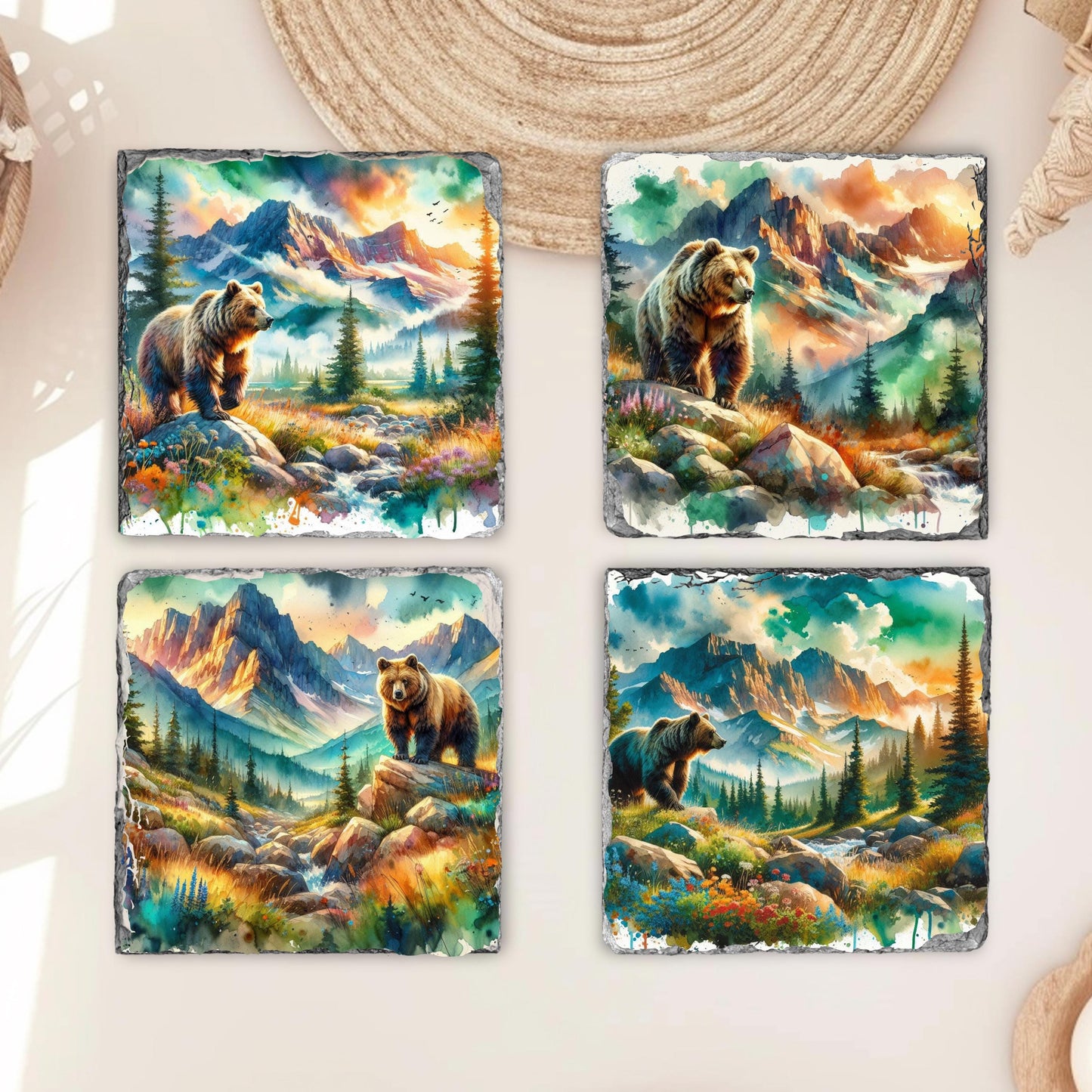 Brown Bear Mountain Watercolor Slate Coaster Set with Black Rack Unique Nature Gift for Wildlife Enthusiasts