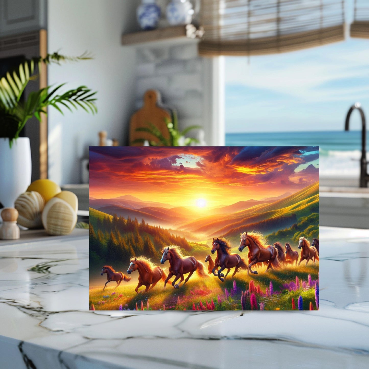 Wild Horse Sunset Cutting Board - Rustic Kitchen Decor for Horse Lovers Mountain Valley Design with Wildflowers