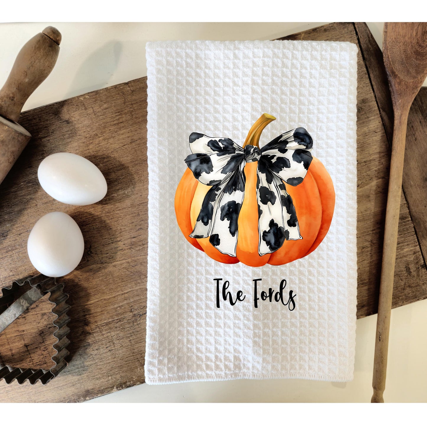 Farmhouse Pumpkin Waffle Weave Towel, Personalized Pumpkin Towel, Unique Hostess Gift