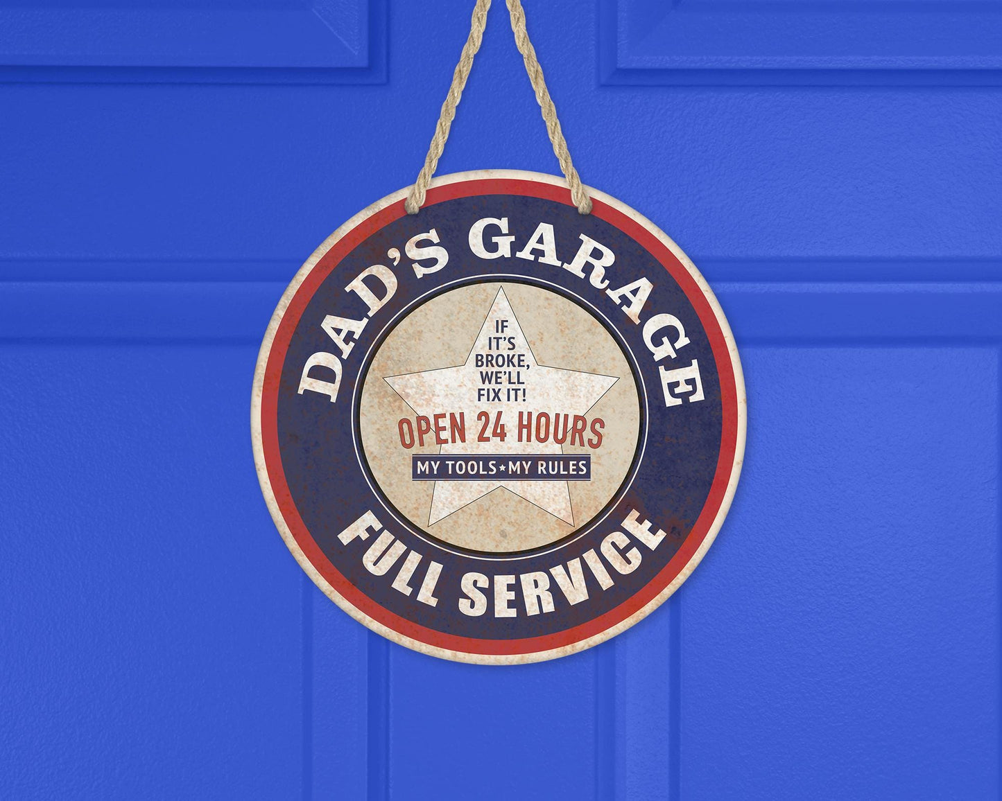 Aluminum Round Door Wreath 10x10 - Dads Garage My Tools My Rules - Unique Fathers Day Gift Garage Decor