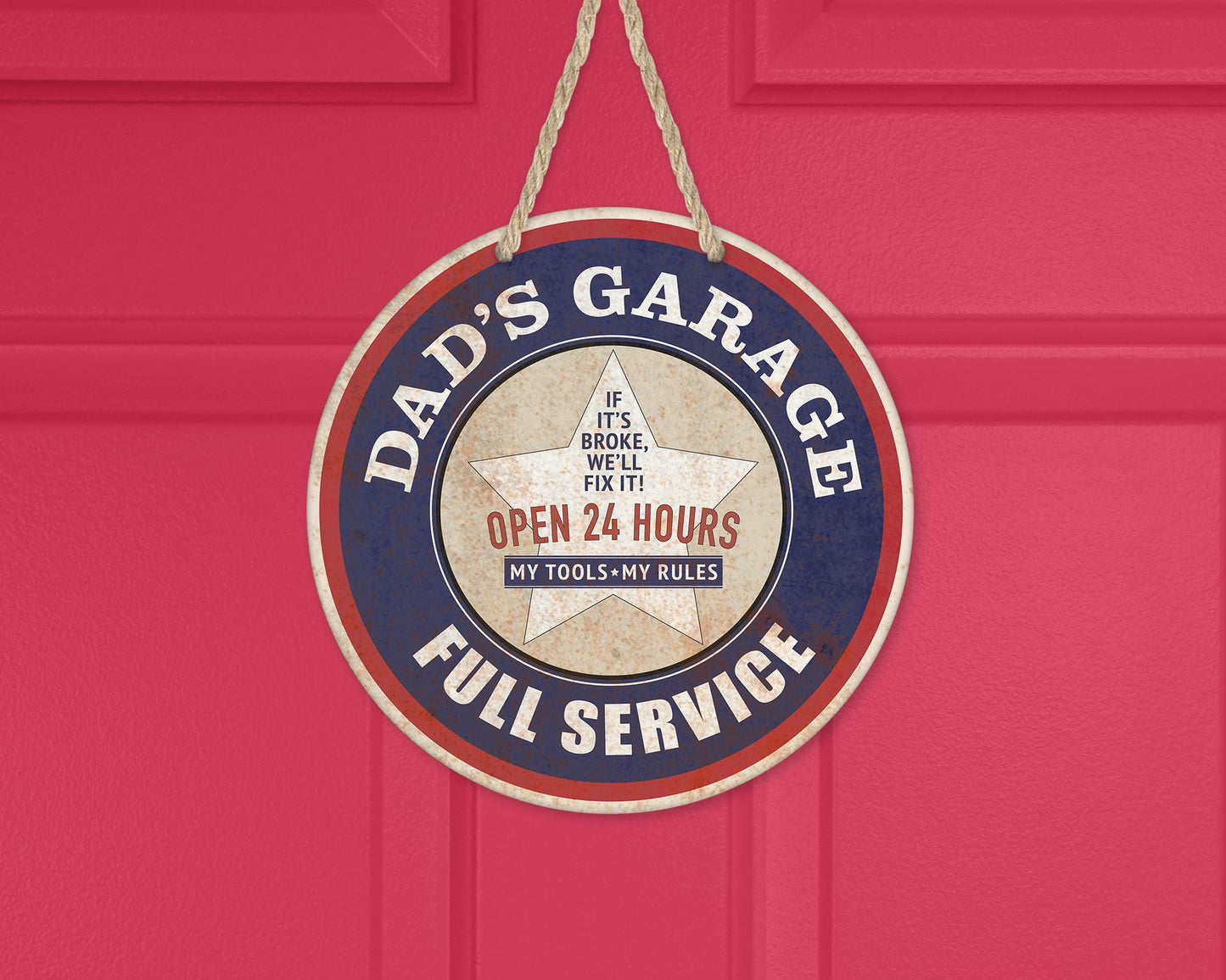 Aluminum Round Door Wreath 10x10 - Dads Garage My Tools My Rules - Unique Fathers Day Gift Garage Decor