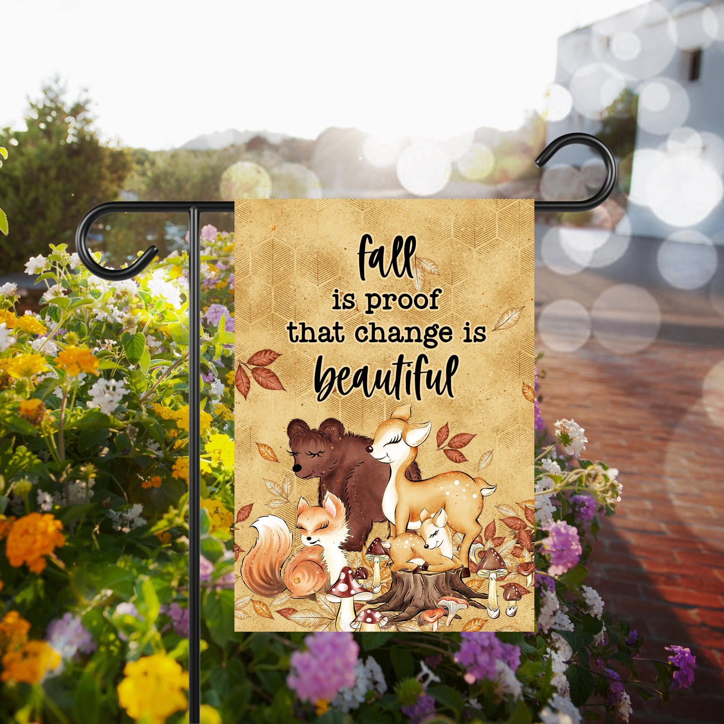 Double-Sided Woodland Creatures Fall Garden Flag with Change is Beautiful Quote - 12x18 Inch