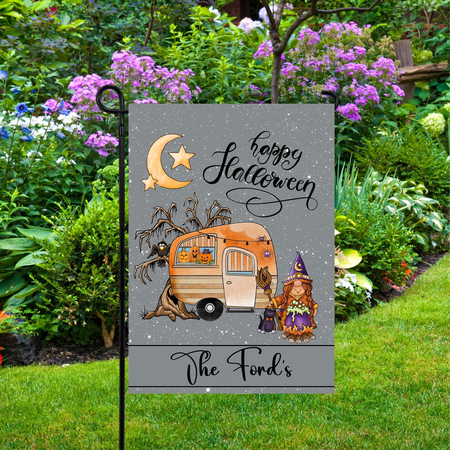 Personalized Halloween Garden Flag for Camping Enthusiasts - Custom Camper Gift Idea