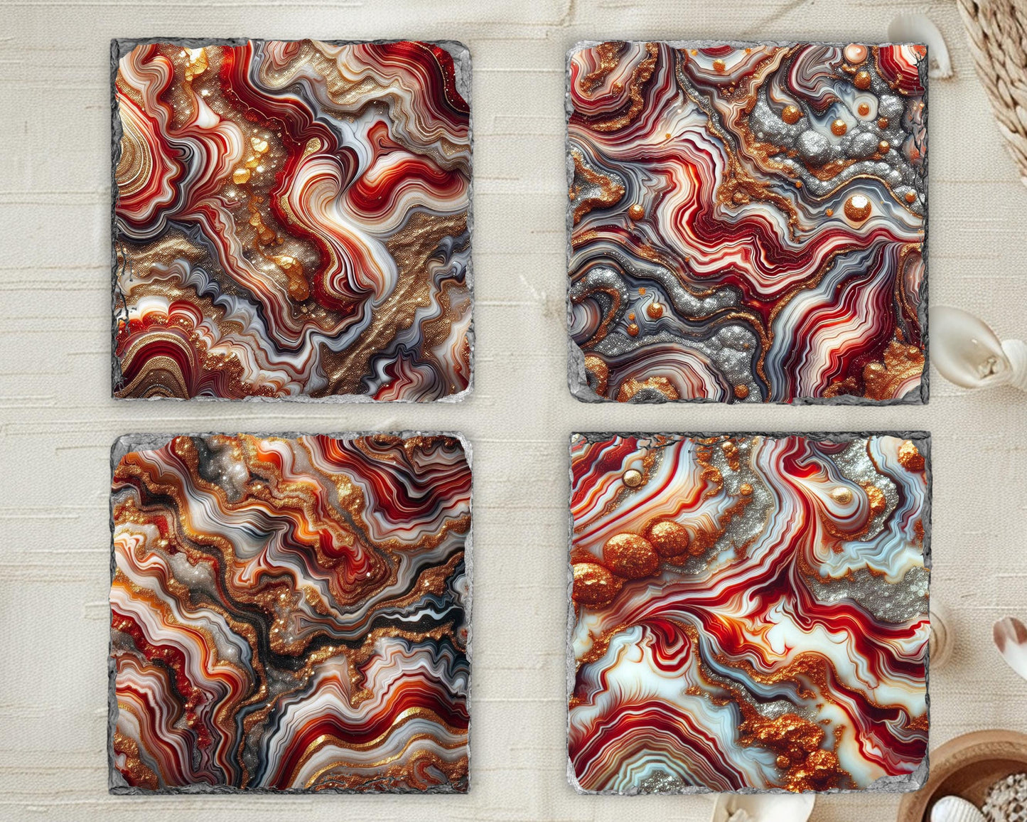 Fractured Edge Slate Coasters Set of 4 with Red Gold Glitter Agate - Unique Housewarming Gift for New Home Decor
