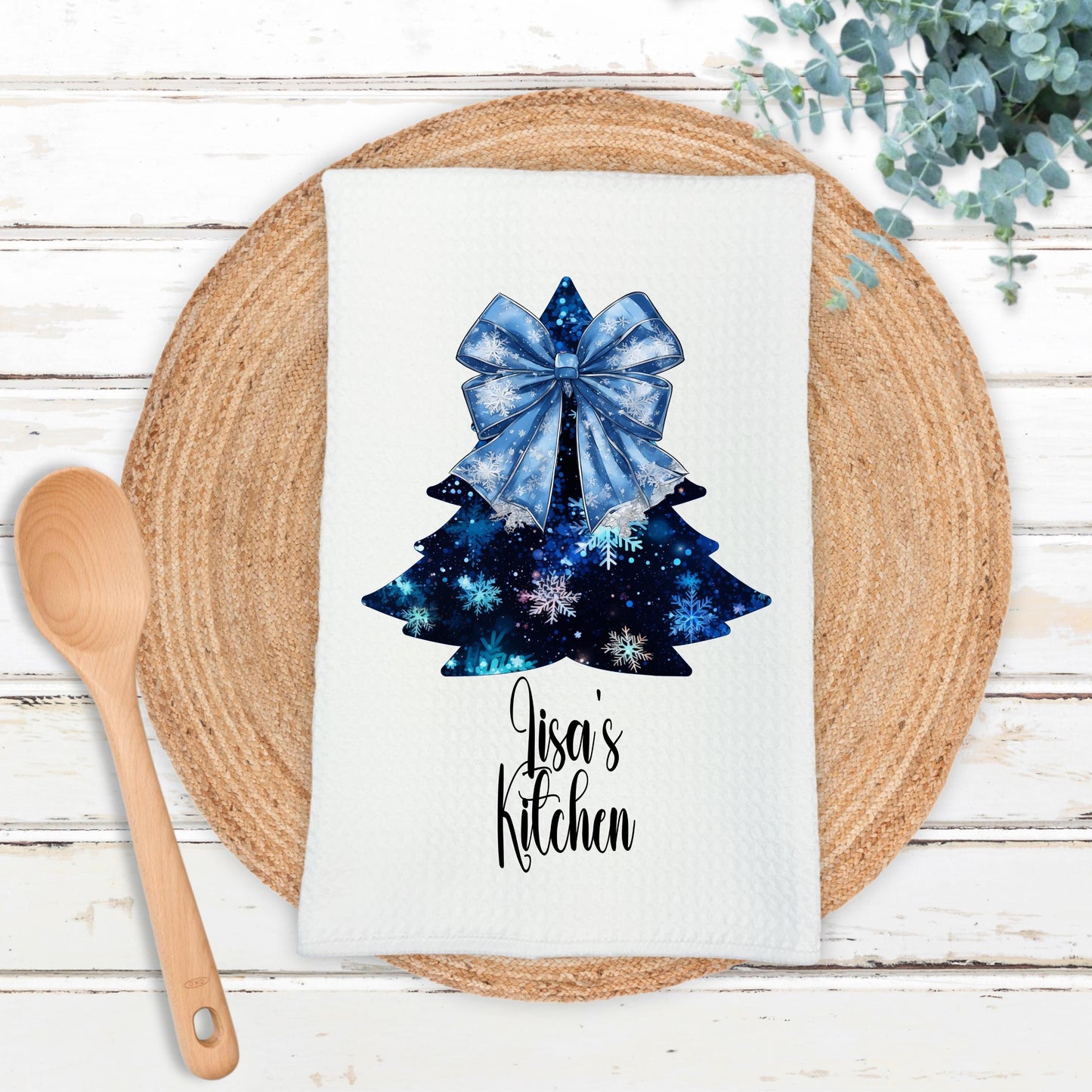 Personalized Blue Christmas Tree Kitchen Towel - Unique Holiday Decor Gift