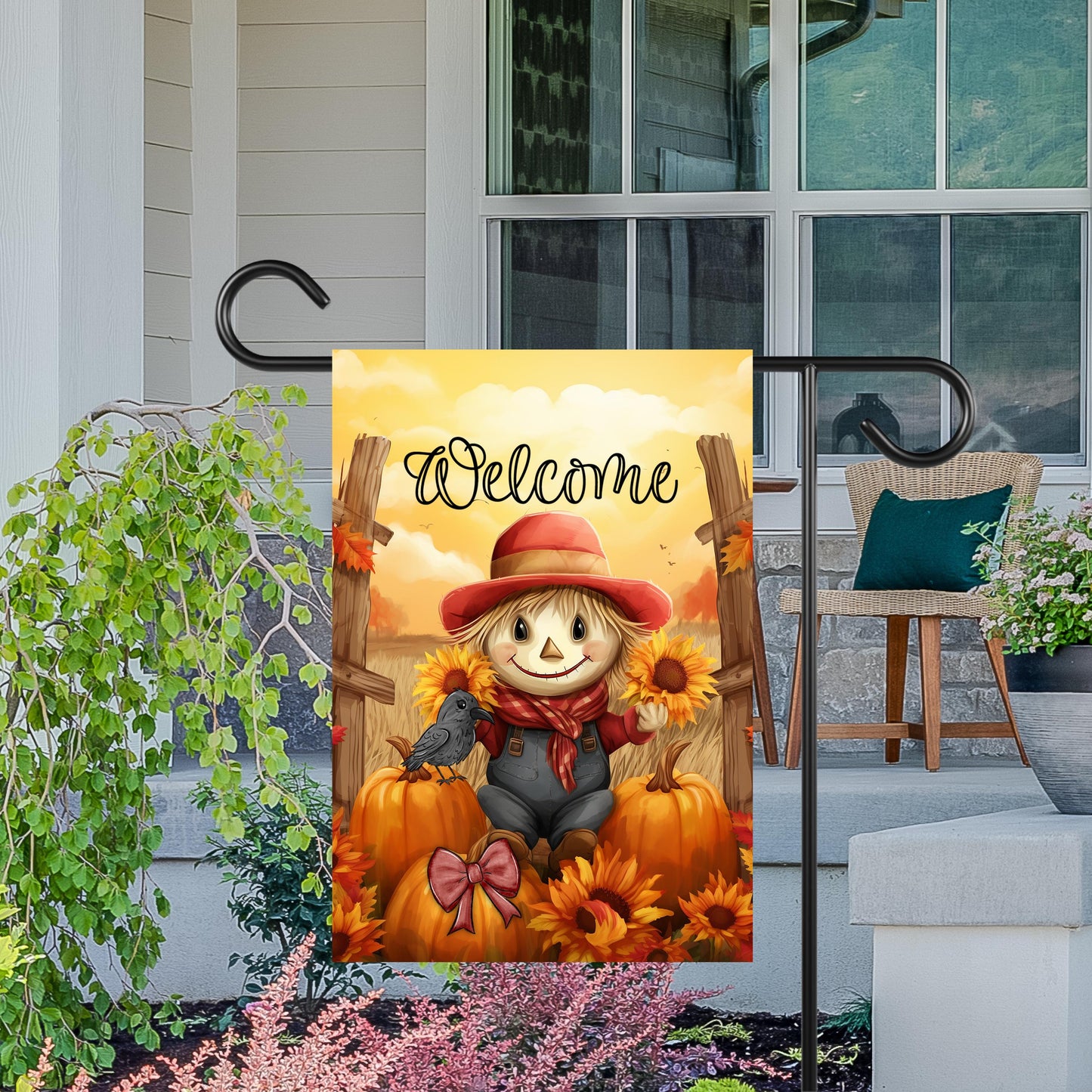 Double-Sided Garden Flag Featuring Scarecrow Pumpkins Sunflowers and Autumn Sunset