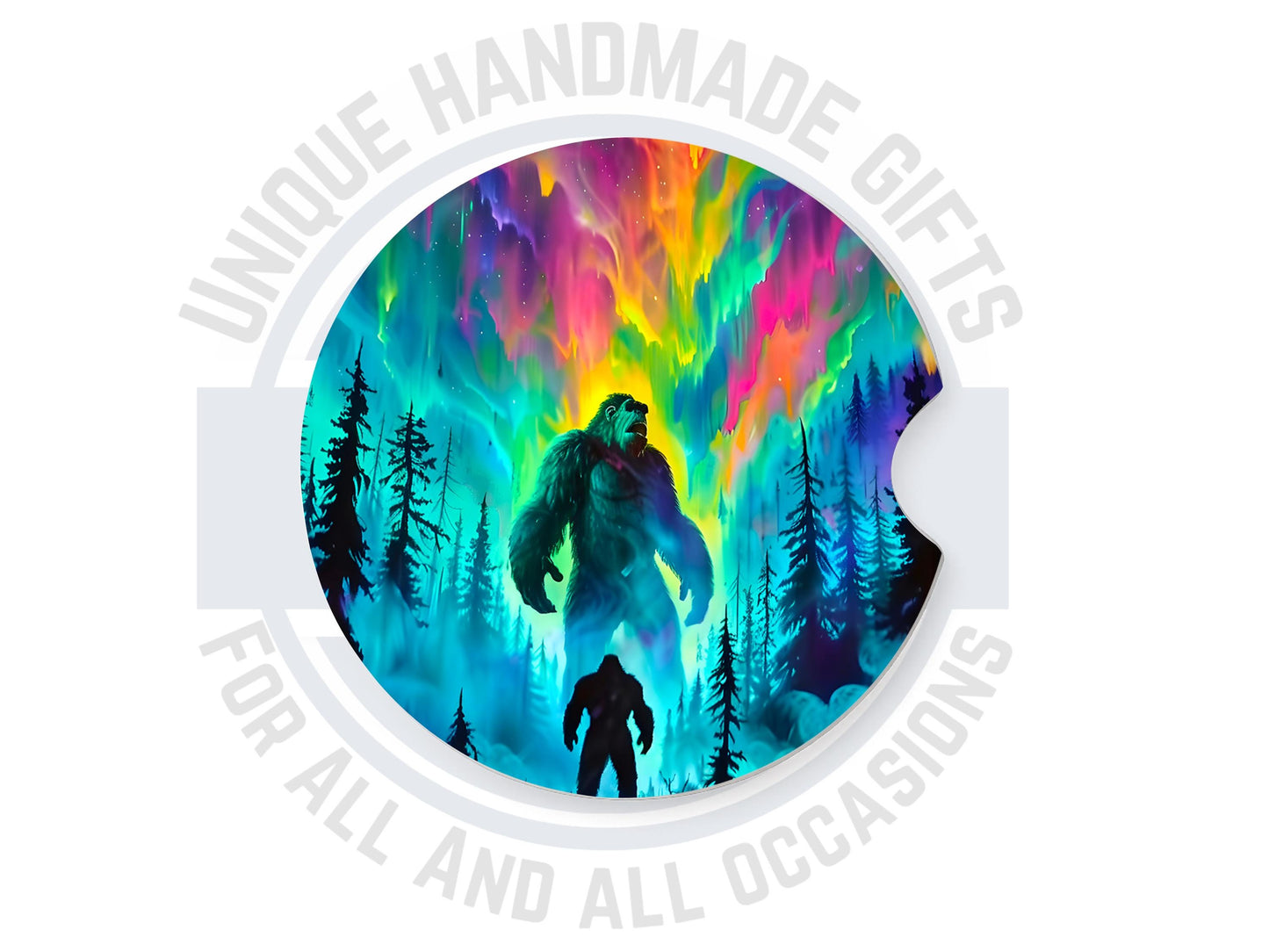 Unique Ceramic Car Coaster, Set of Two, Northern Lights Design, Bigfoot Gift Idea