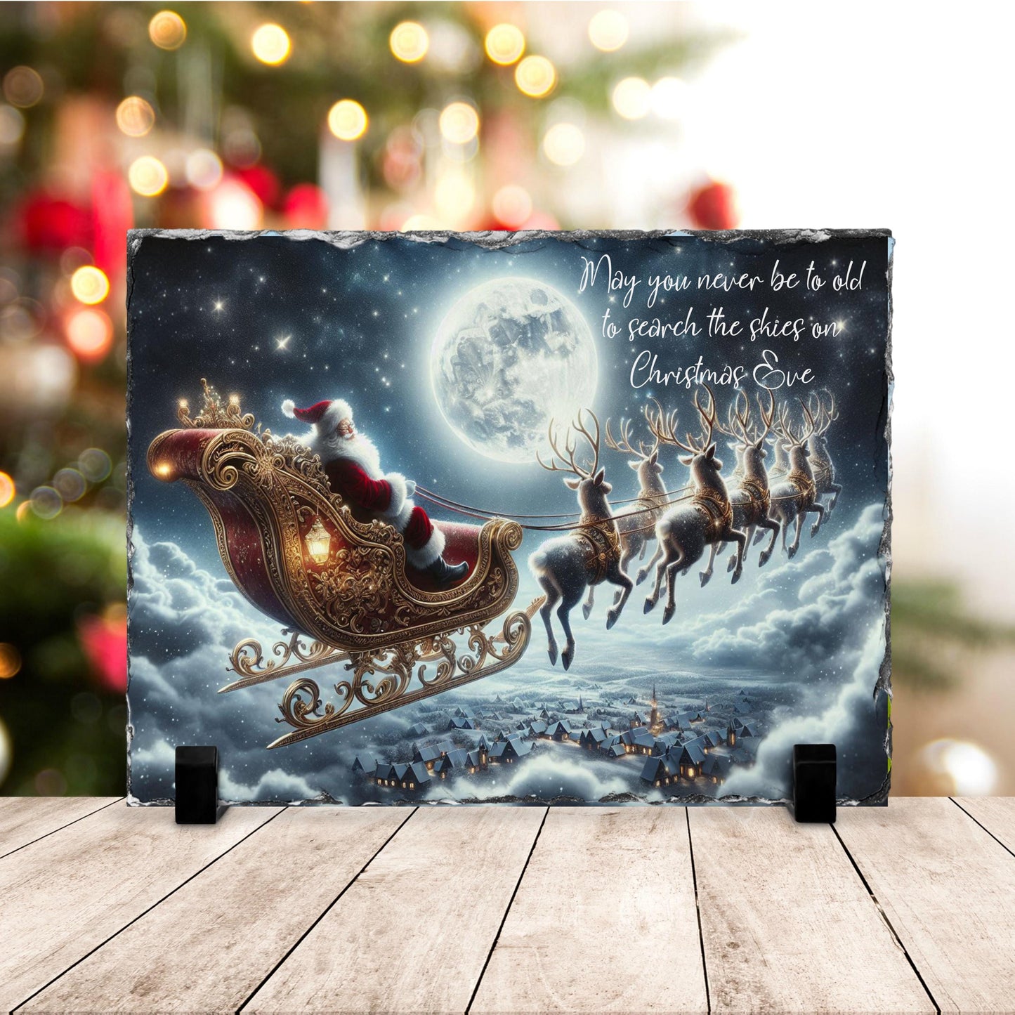 Handcrafted Holiday Slate Art with Santa Reindeer Full Moon Scene for Festive Home Decor