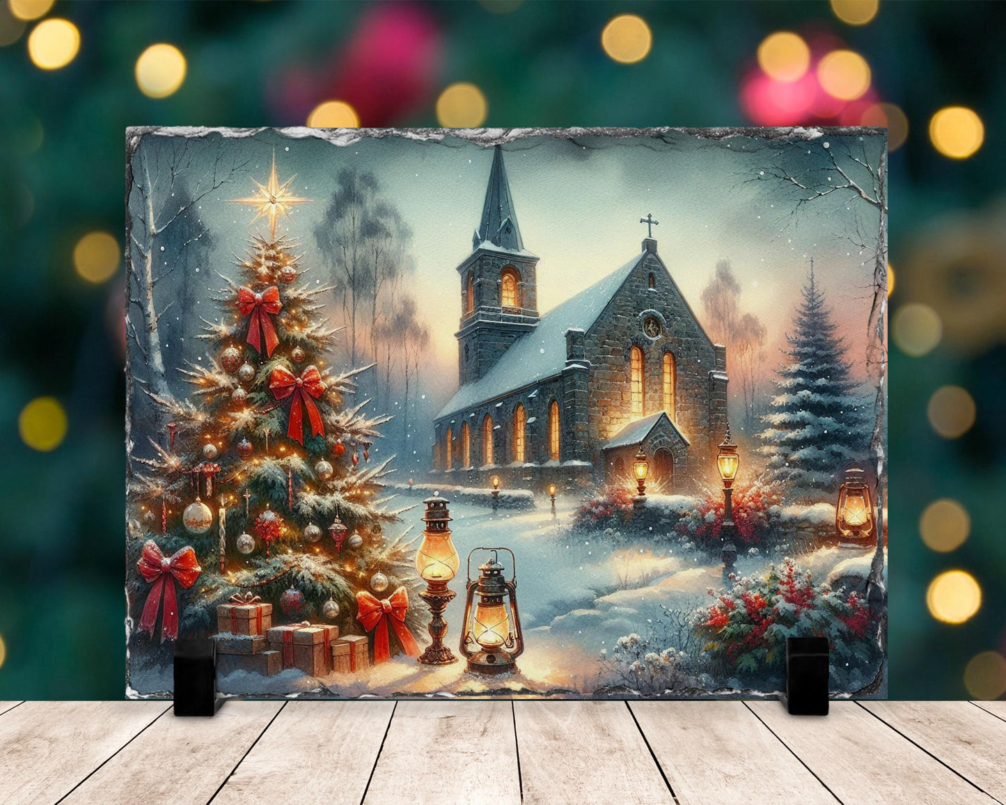 Vintage Winter Church Slate, Christmas Scene with Trees, Gifts & Oil Lamps