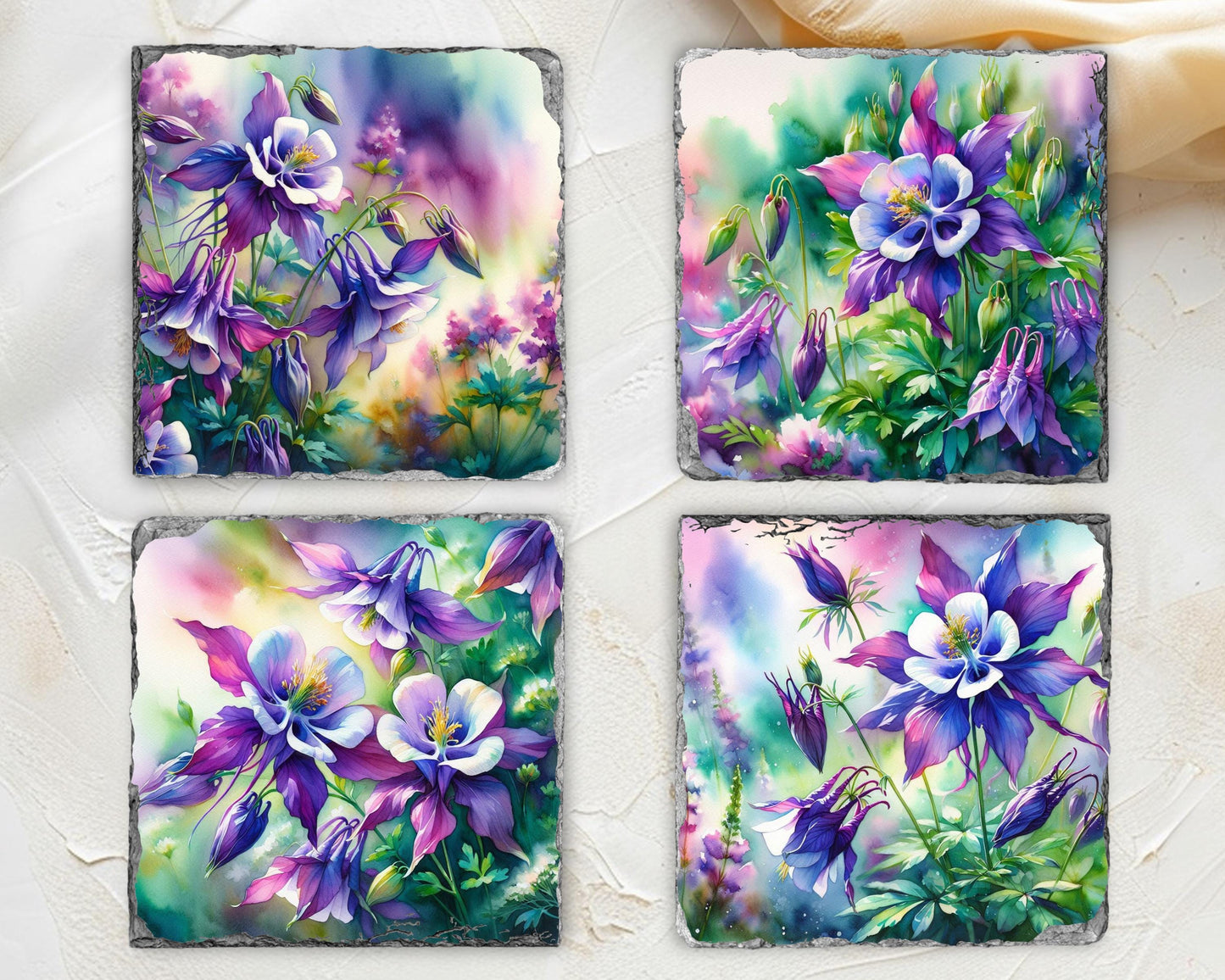 Watercolor Columbine Slate Coaster Set with Fractured Edges - Elegant Nature-Inspired Home Decor