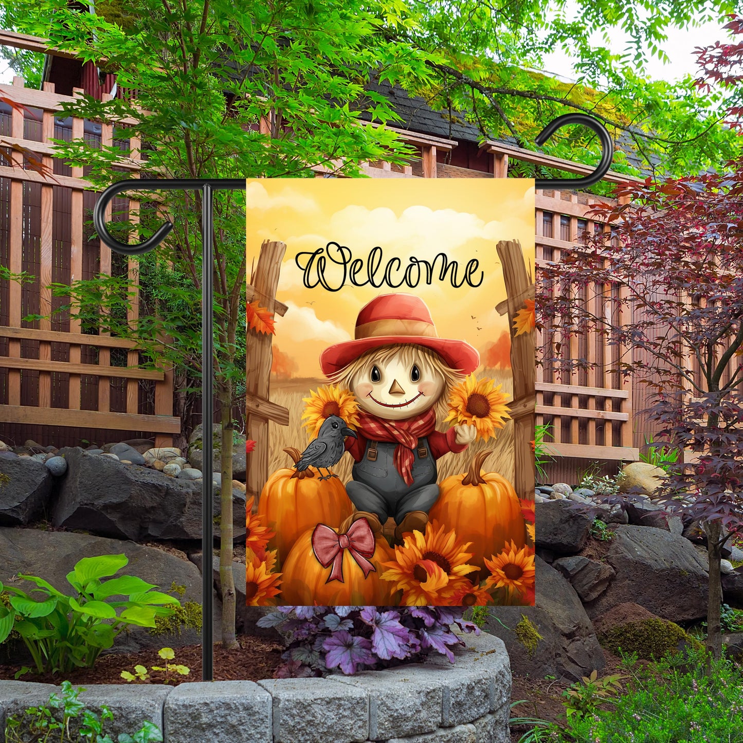 Double-Sided Garden Flag Featuring Scarecrow Pumpkins Sunflowers and Autumn Sunset