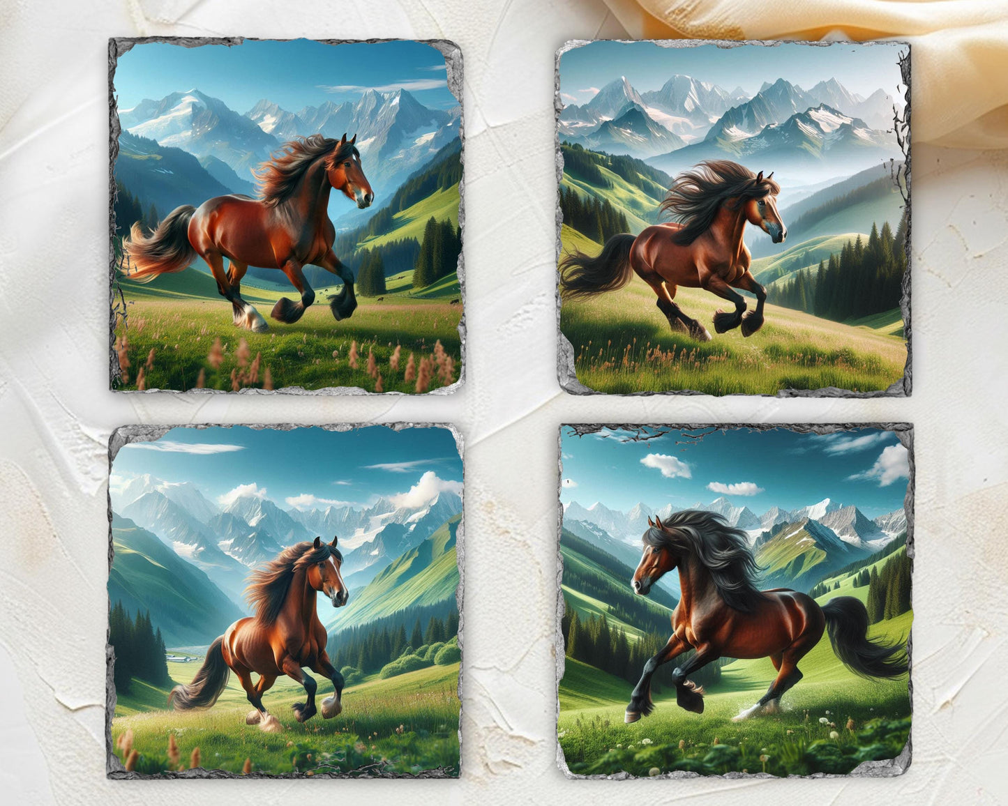 Horse Slate Coaster Set with Rack - Rustic Mountain Valley Art for Equestrian Farmhouse Decor