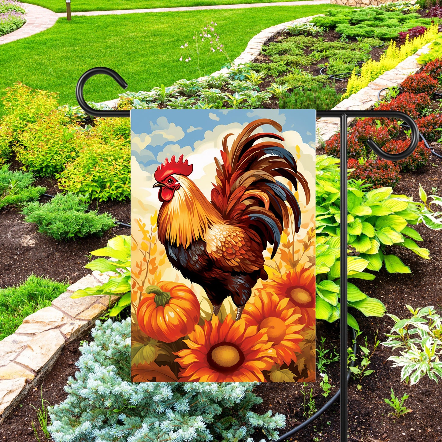 Double-Sided Garden Flag - Autumn Rooster Pumpkin Mums Design 12x18 Inch