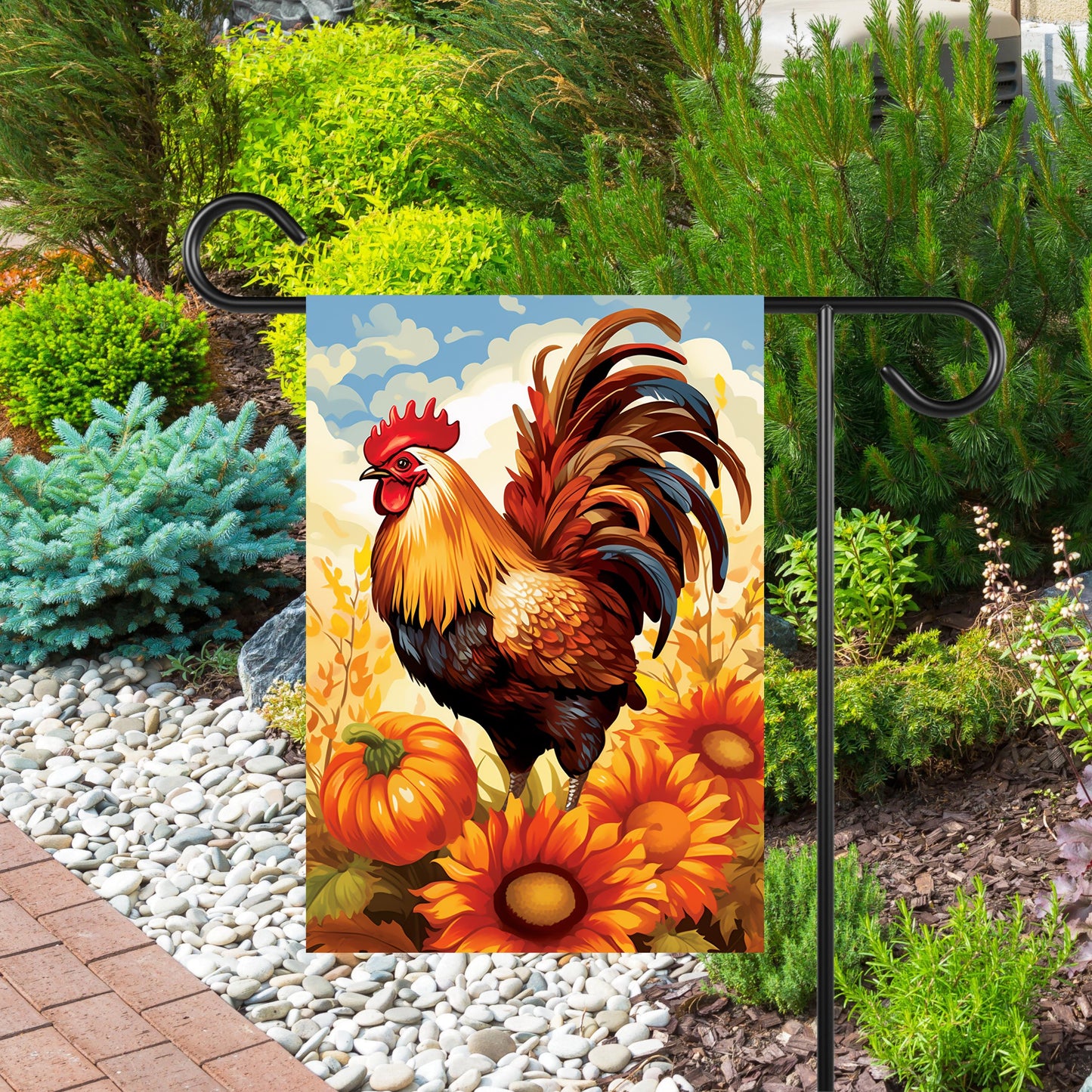 Double-Sided Garden Flag - Autumn Rooster Pumpkin Mums Design 12x18 Inch
