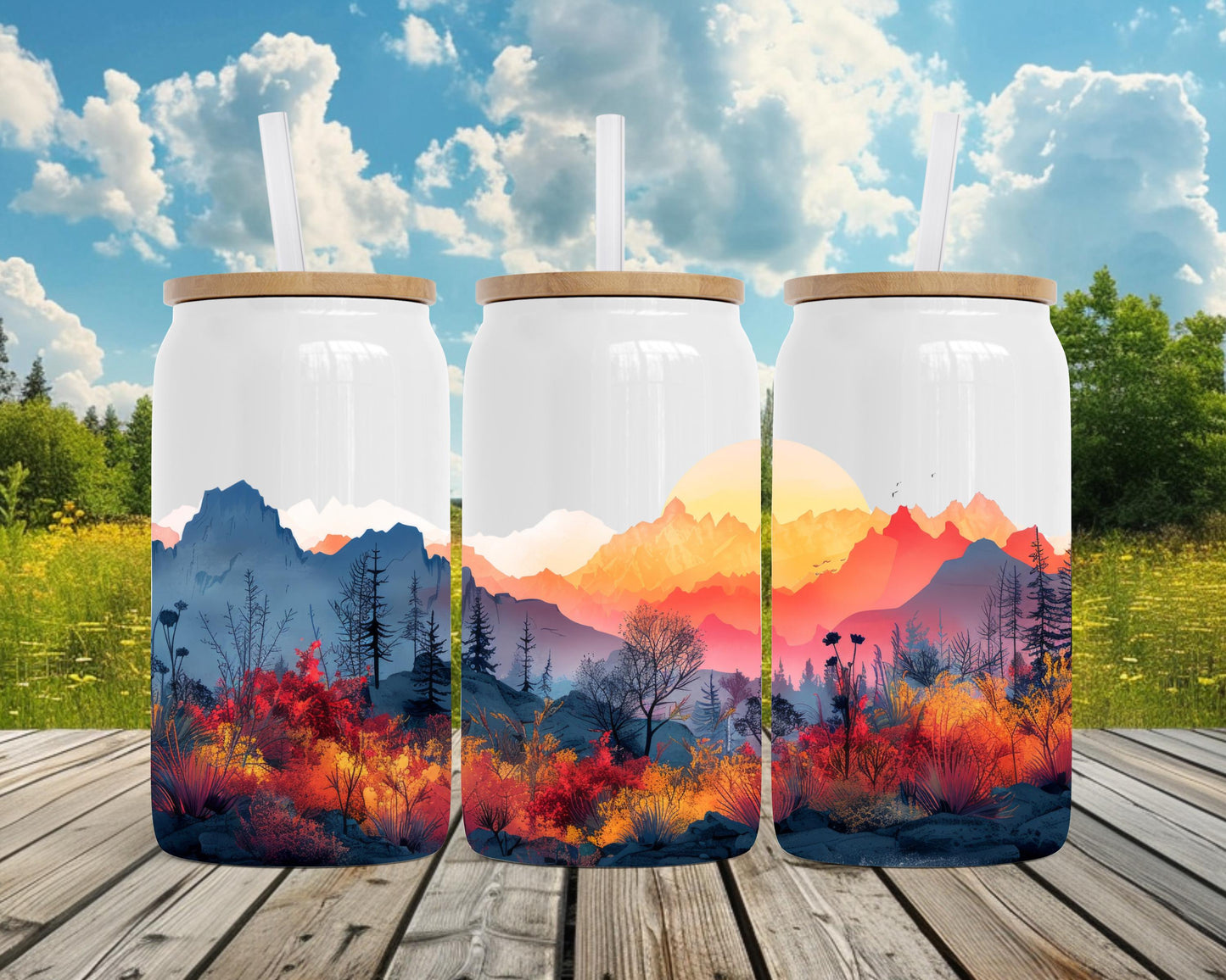 Autumn Mountain Sunset 16oz Soda Can, Fall Gift for Her, Travel Tea Cup