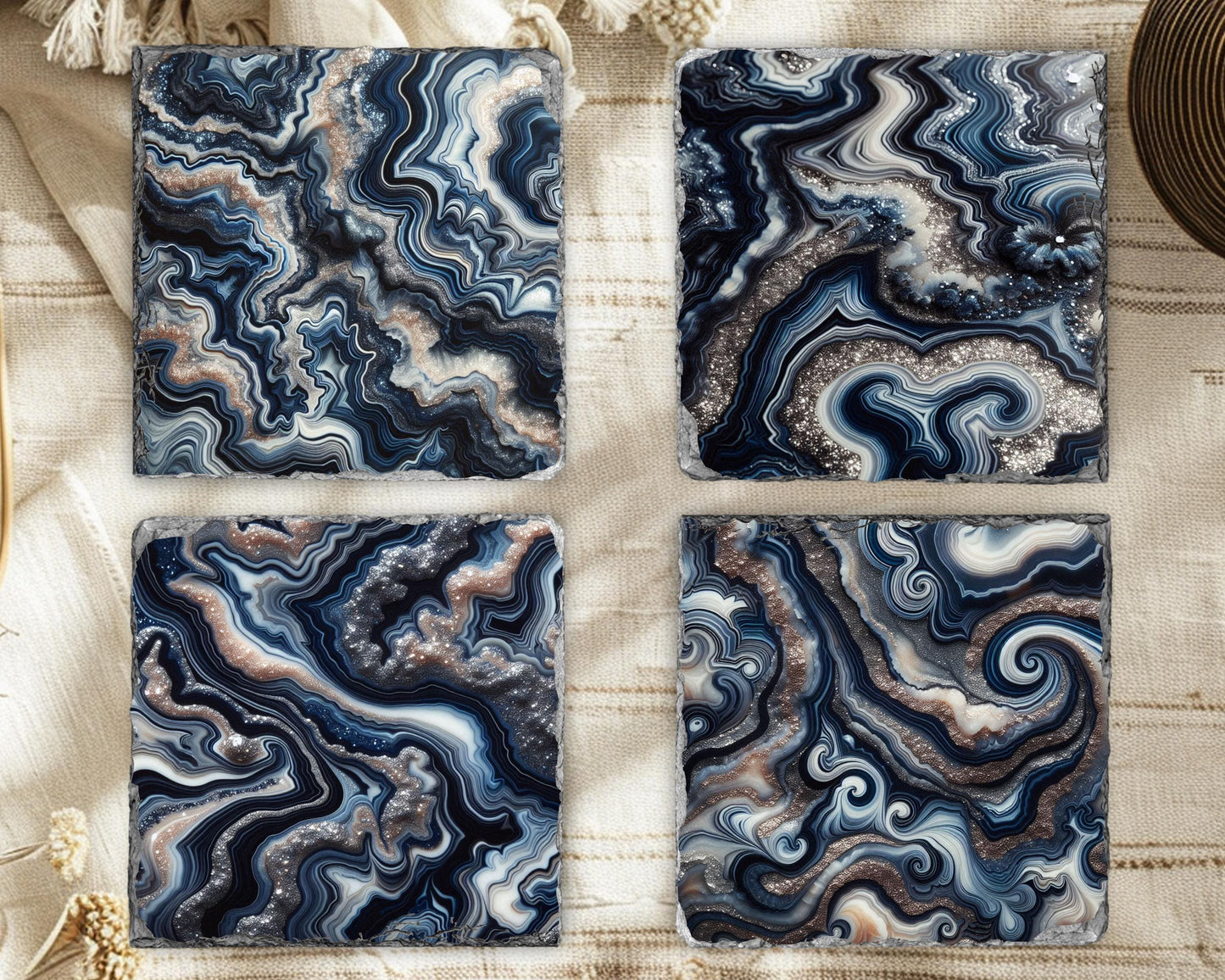 Navy Blue Silver Agate Pattern Slate Coasters - Set of 4 Ideal Housewarming Gift for Boho Home Decor