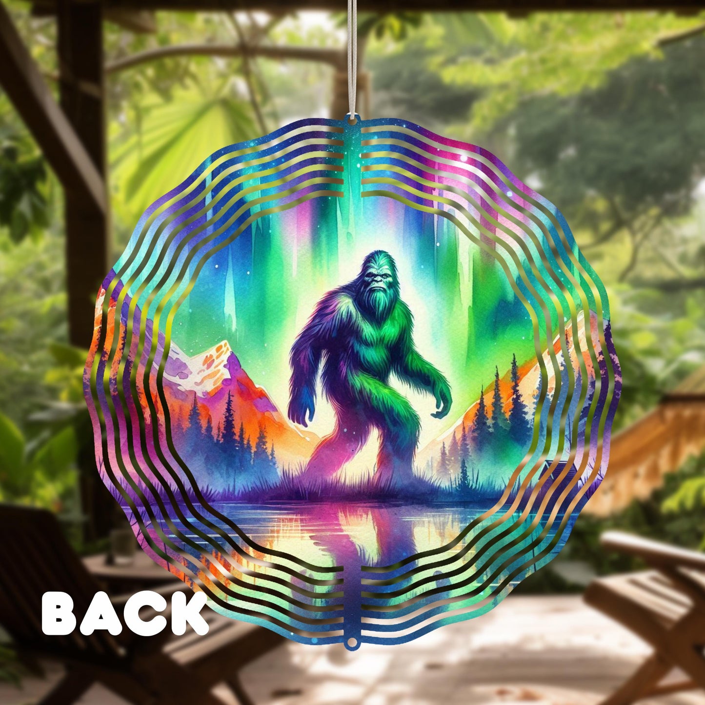 Bigfoot Forest Wind Spinner - 10x10 Double-Sided Outdoor Art with Watercolor Northern Lights Design