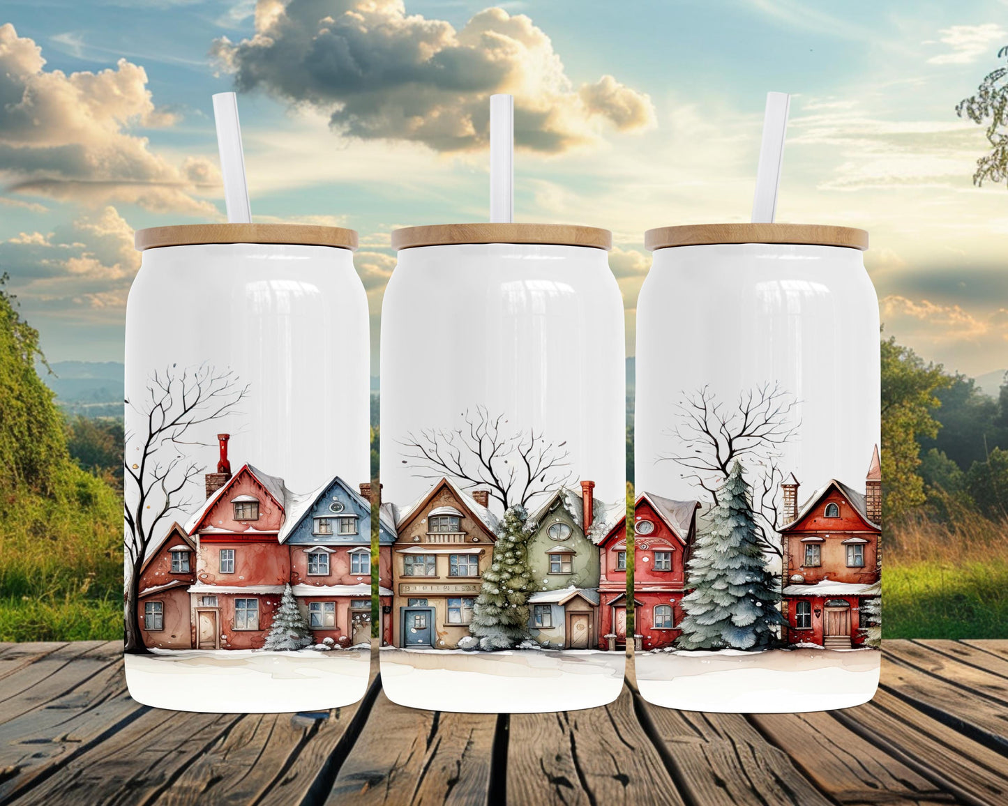 Winter Vintage Houses 16oz Insulated Soda Can with Bamboo Lid