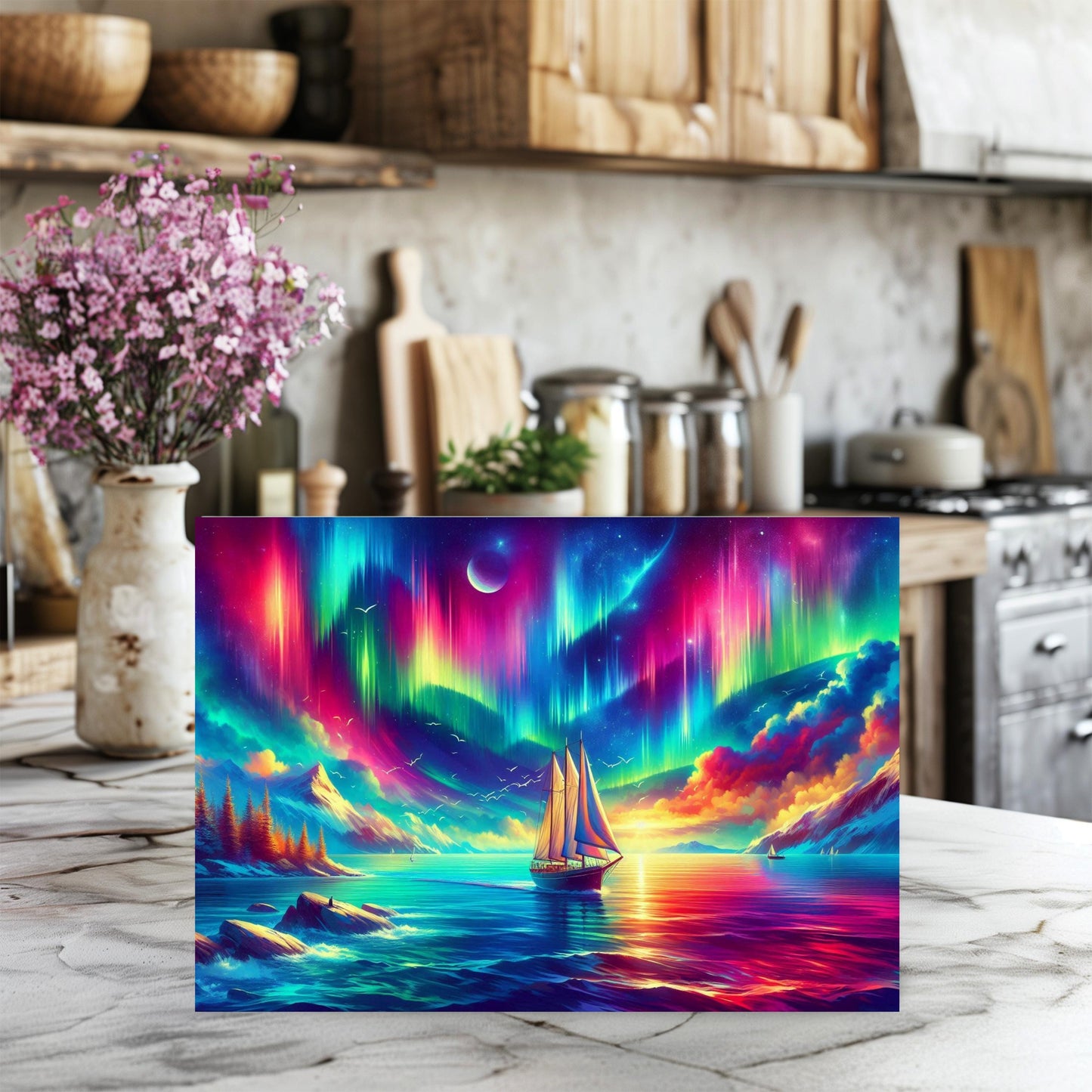 Nautical Sailboat Glass Cutting Board - Northern Lights Inspired Kitchen Decor
