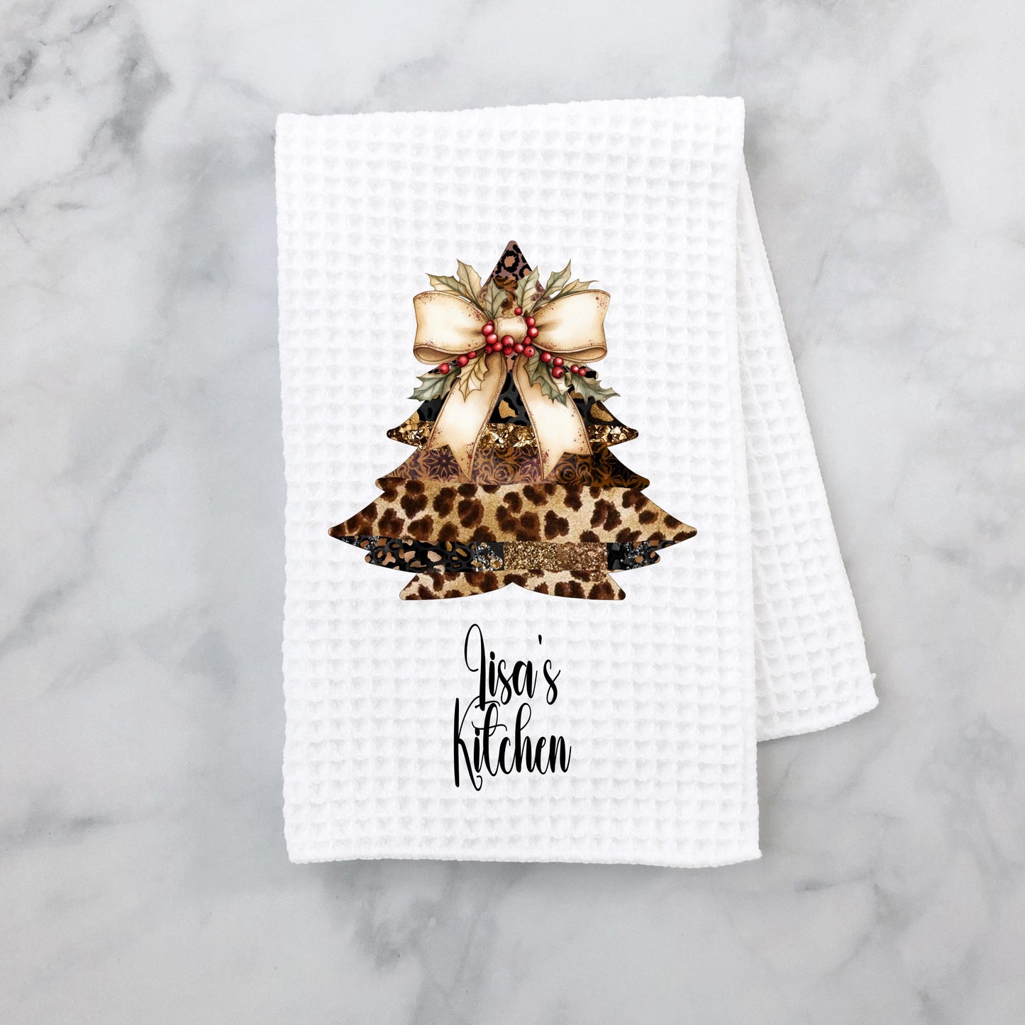 Personalized Leopard Print Kitchen Towel - Christmas Waffle Weave Microfiber Gift