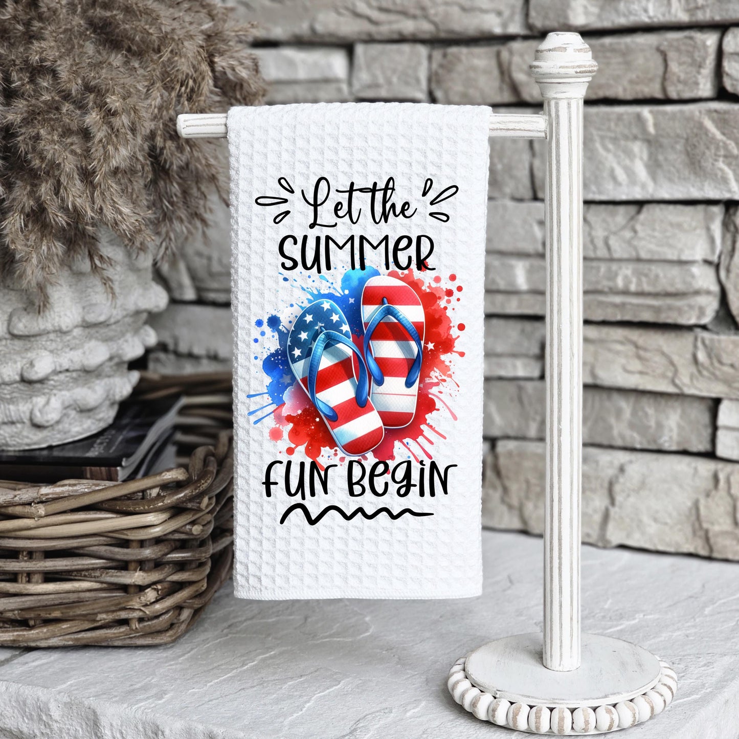 Patriotic Flip Flops Quote Waffle Weave Towel, Summer Fun Decor, Unique Hostess Gift