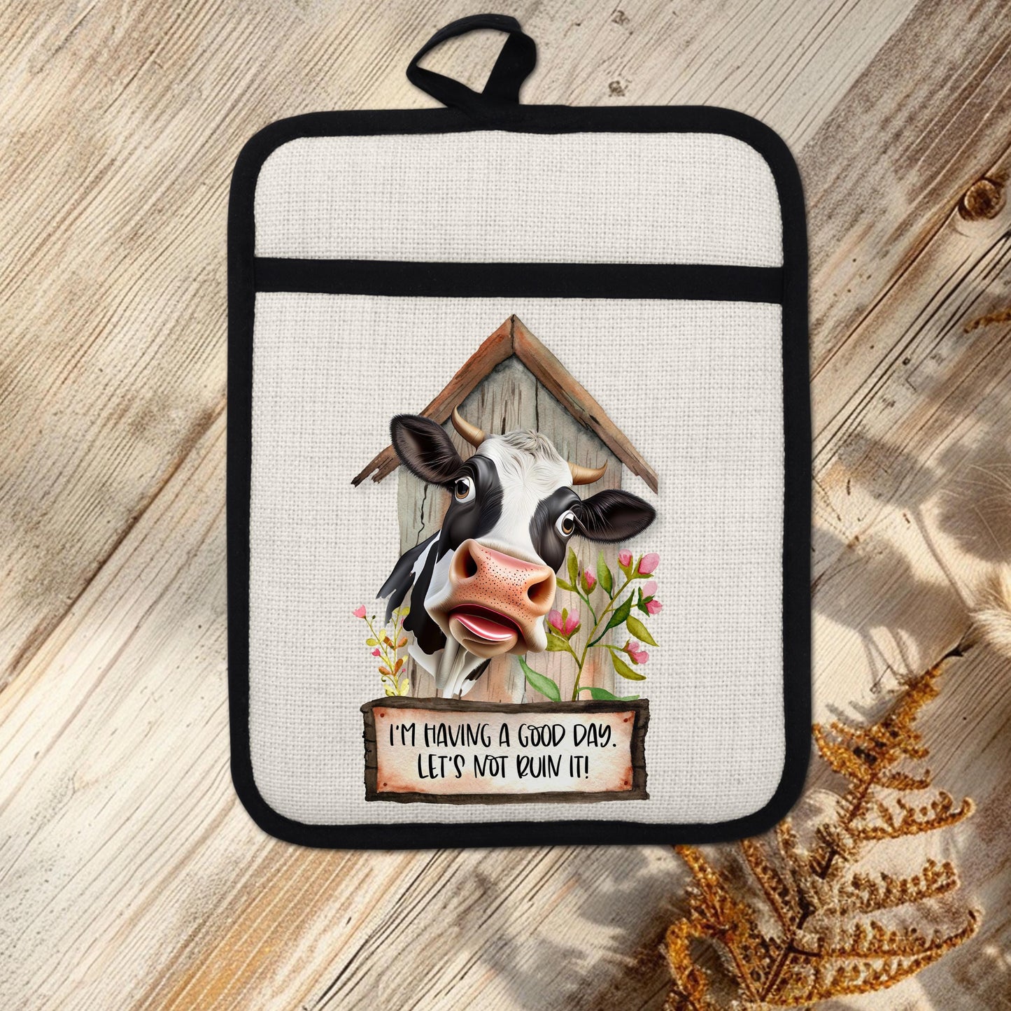 Rustic Funny Cow Pot Holder with Silicone Back Hanging Loop - 9x7 Linen Hot Pad for Barn Kitchen Decor