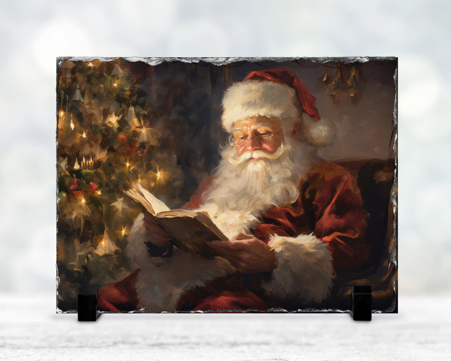 Watercolor Santa Slate Plaque - Holiday Decor with Fractured Edge Christmas Tree Reading Scene