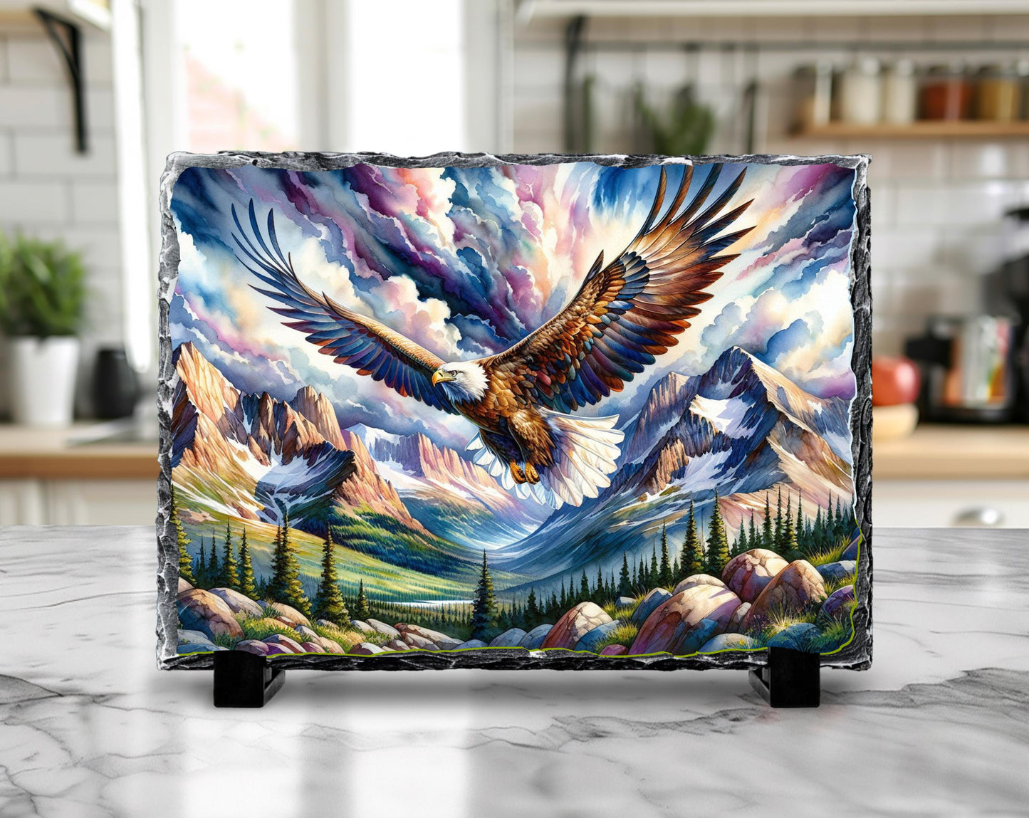 Watercolor Eagle Slate Plaque - Majestic Eagle in Flight Over Mountain Valley Rustic Wildlife Decor