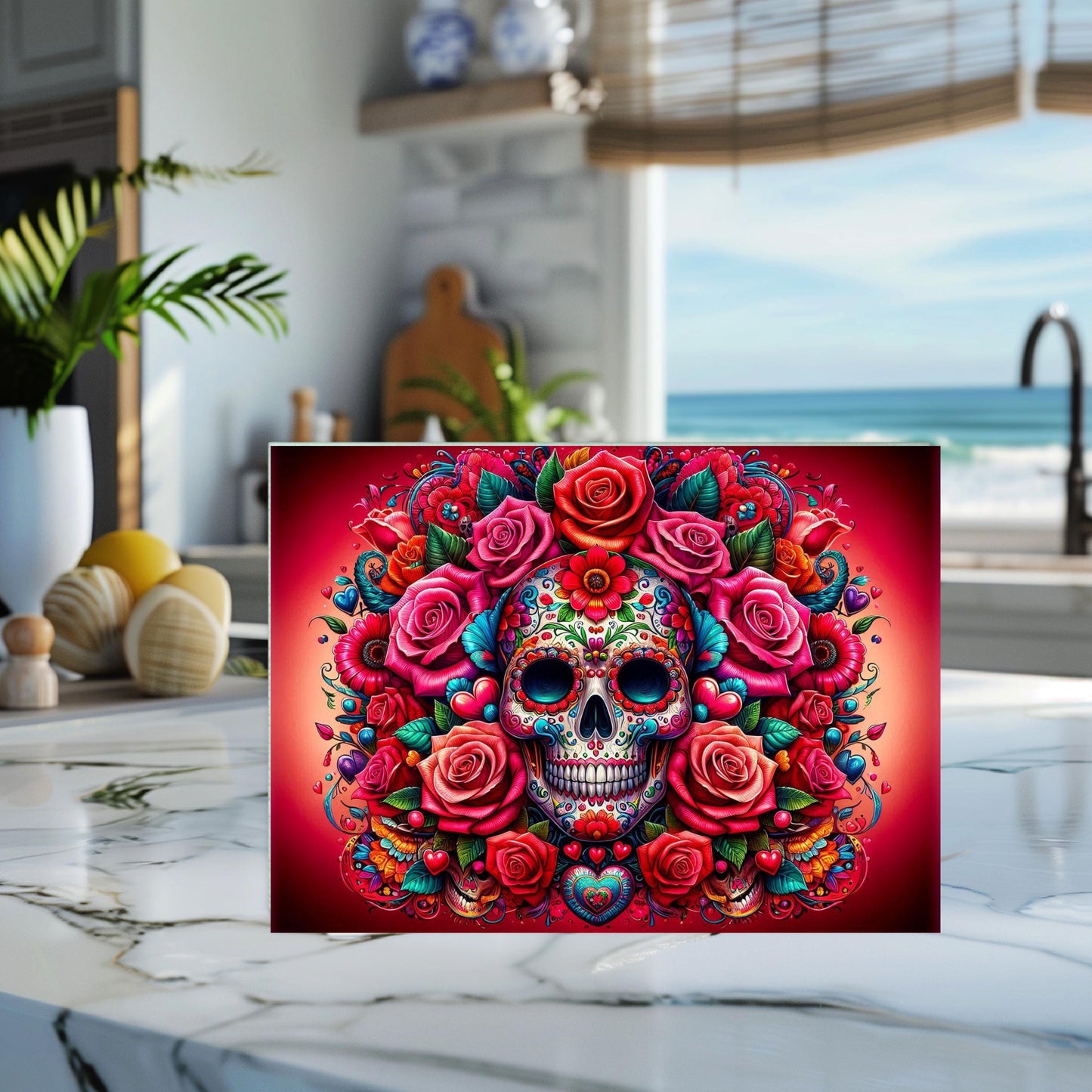 Tempered Glass Cutting Board with Day of the Dead Skull Design - Ideal for Meal Prep