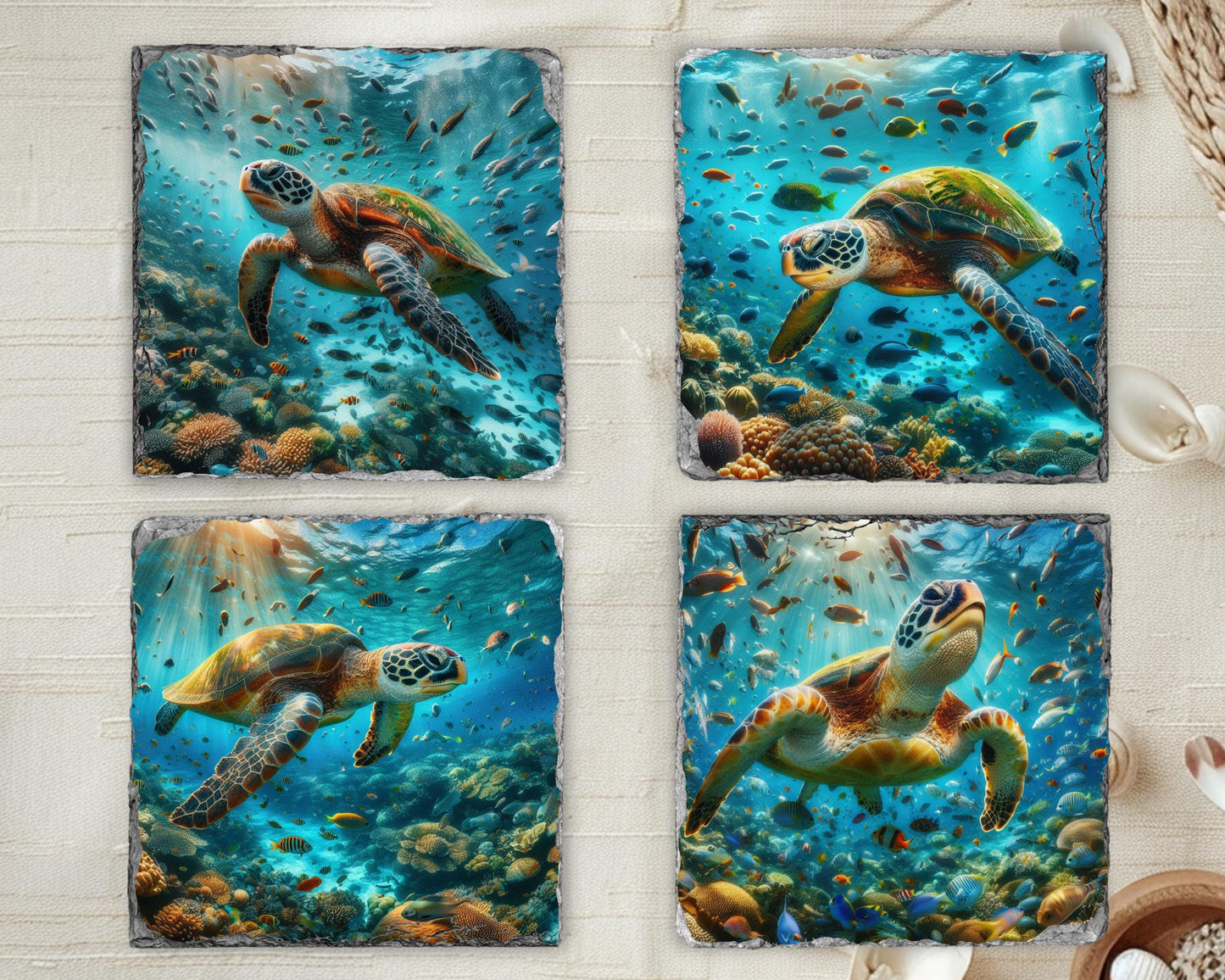 Ocean Slate Coaster Set - Beach House Drinkware Gift for Coastal Decor