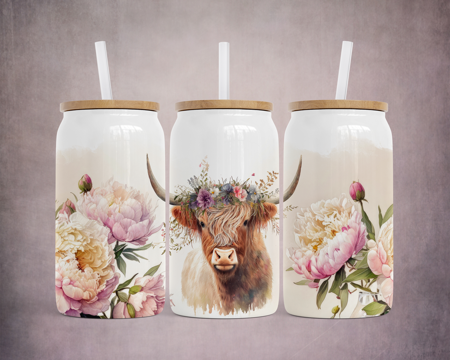 Unique Highland Cow Floral Headband Steel Can, Rustic Drink Container 16 oz, Unique Gift for Cow Lover, Travel Mug, Cold Beverage Cup