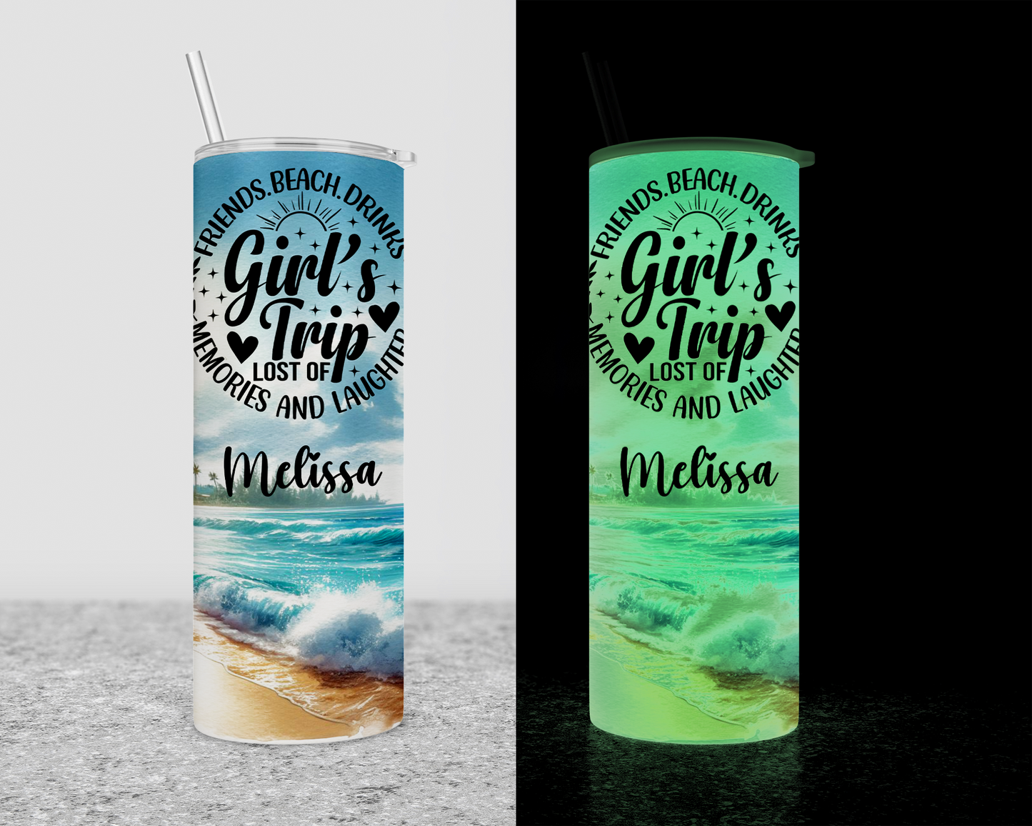 Girls Trip Glow in Dark Tumbler, Personalized Beach Vacation Name Tumbler Cup, Custom Family Vacation Tumblers with Lid, Personalized Cruise
