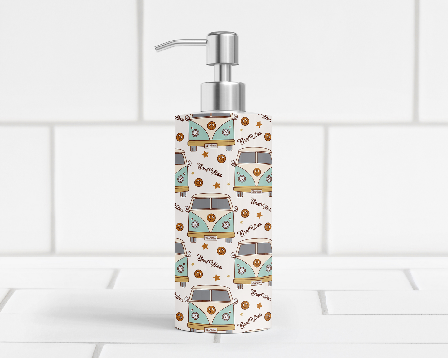 Hippie Van Good Vibes 18oz Soap/Lotion Dispenser with Peace Signs and Stars, Unique Soap Dispenser, Unique Gift for Hippie, Good Vibes Peace