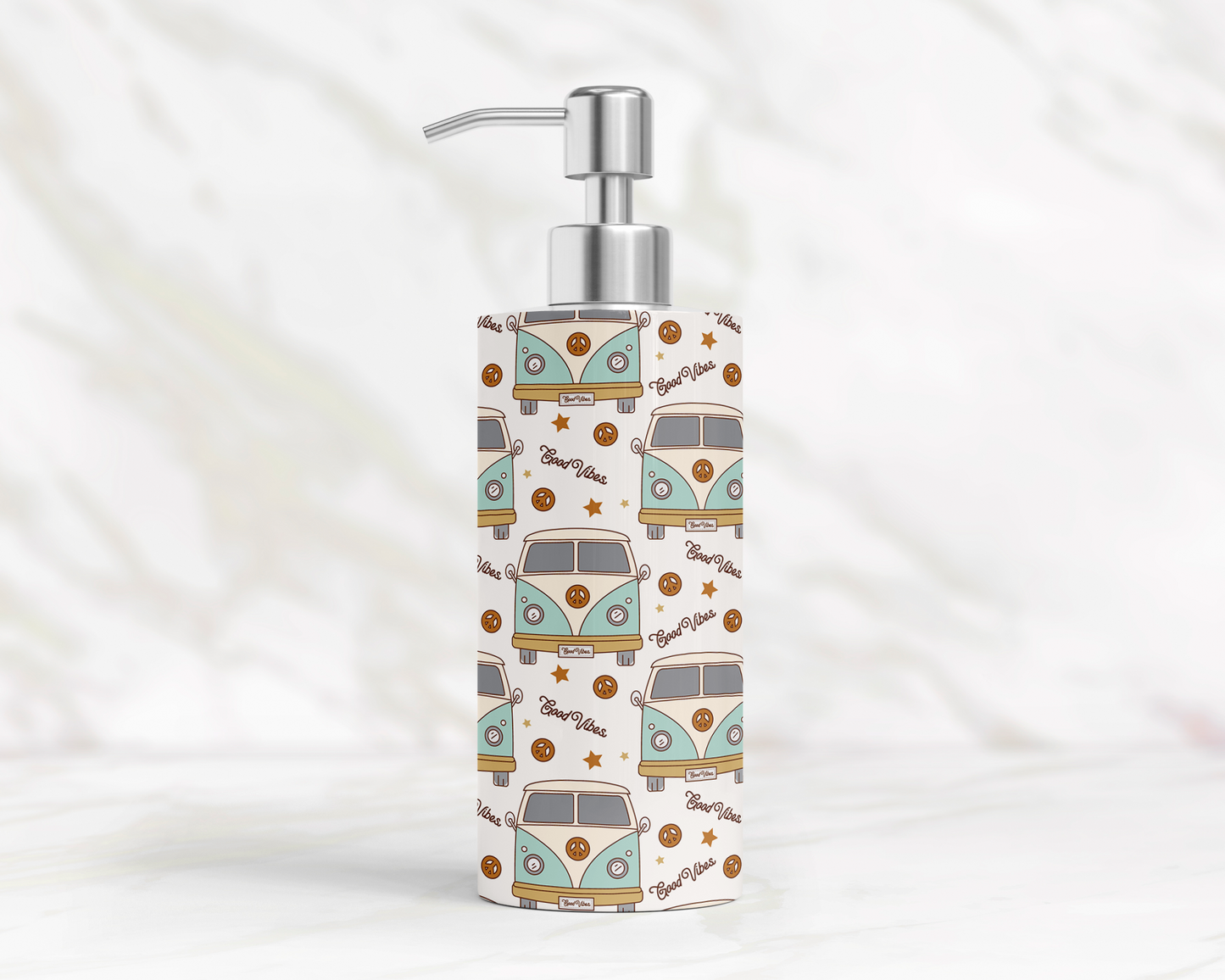 Hippie Van Good Vibes 18oz Soap/Lotion Dispenser with Peace Signs and Stars, Unique Soap Dispenser, Unique Gift for Hippie, Good Vibes Peace