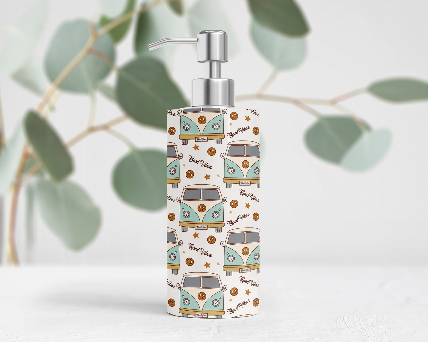 Hippie Van Good Vibes 18oz Soap/Lotion Dispenser with Peace Signs and Stars, Unique Soap Dispenser, Unique Gift for Hippie, Good Vibes Peace