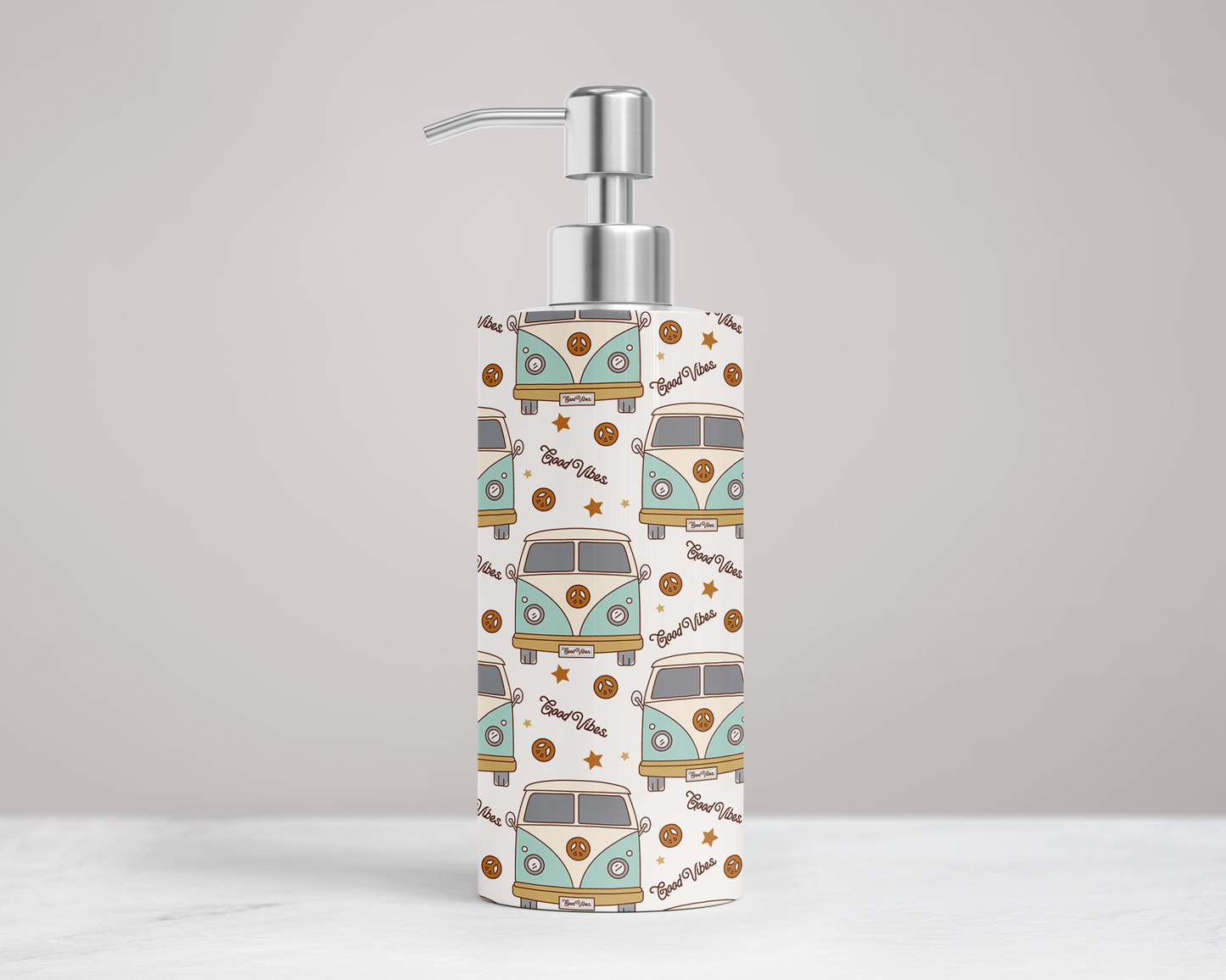 Hippie Van Good Vibes 18oz Soap/Lotion Dispenser with Peace Signs and Stars, Unique Soap Dispenser, Unique Gift for Hippie, Good Vibes Peace