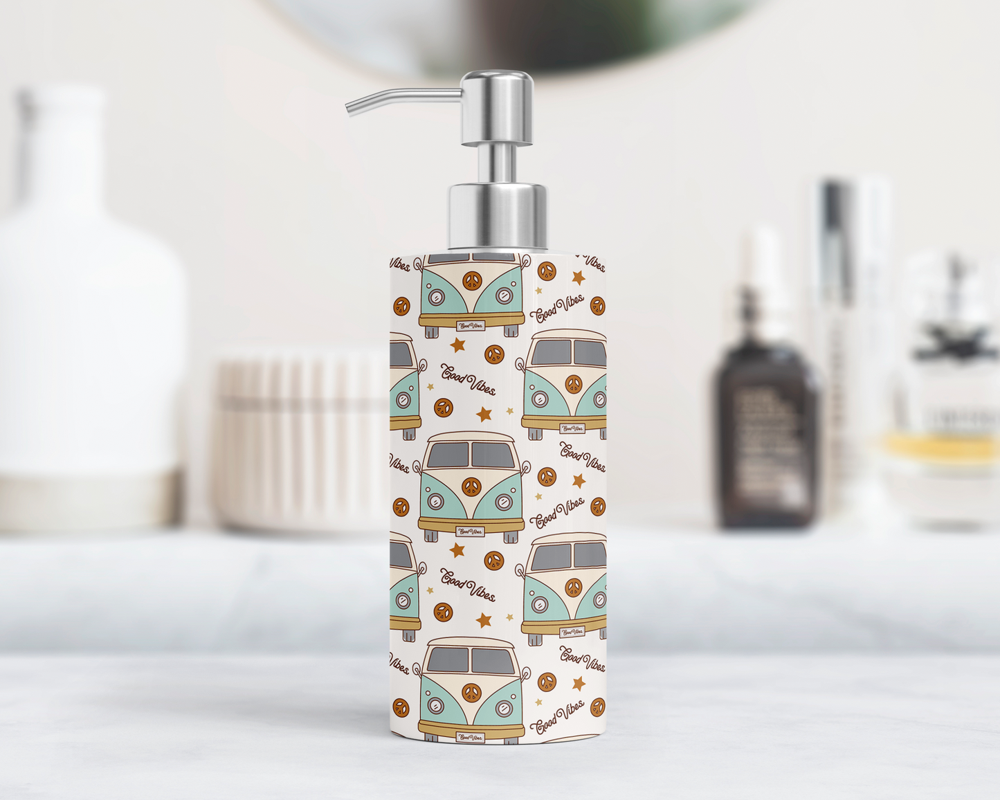 Hippie Van Good Vibes 18oz Soap/Lotion Dispenser with Peace Signs and Stars, Unique Soap Dispenser, Unique Gift for Hippie, Good Vibes Peace