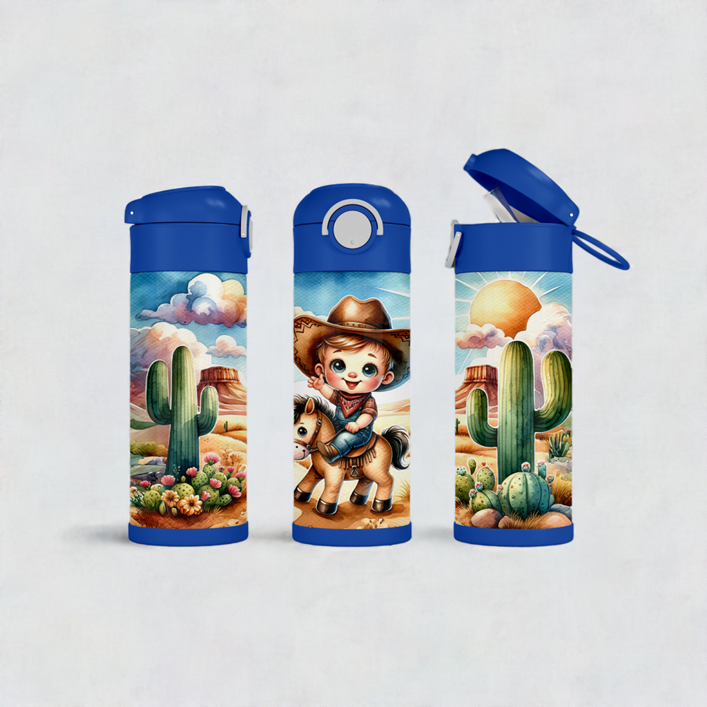 12oz Flip Top Cowboy Water Bottle with Blue Lid Handle