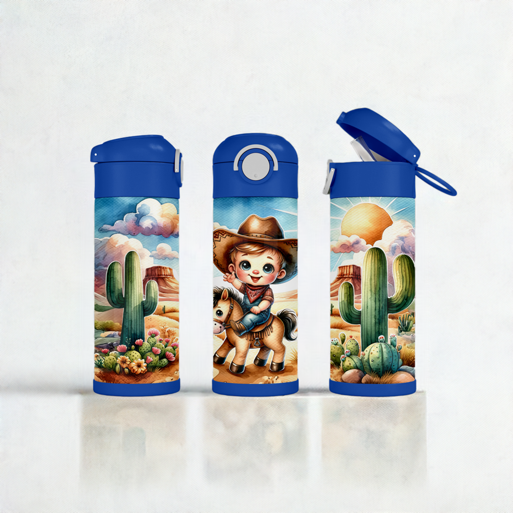 12oz Flip Top Cowboy Water Bottle with Blue Lid Handle