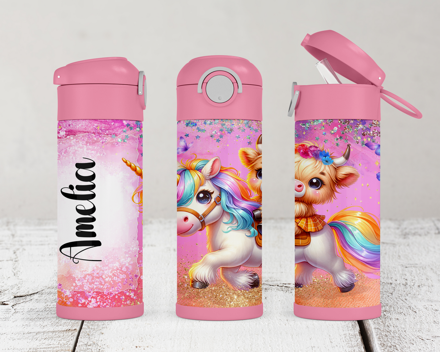 Personalized Highland Cow Unicorn Water Bottle for Kids - Flip Top Cup Perfect Birthday Gift for School