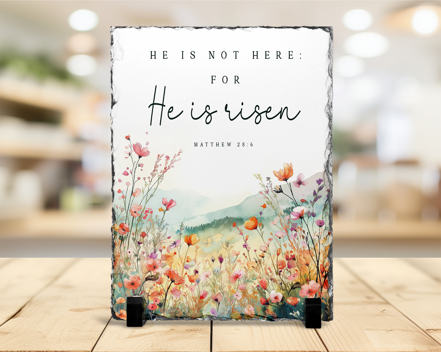 Religious Photo Slate with Stand, Easter Gift, Matthew 28.6 Verse, Inspirational Gift, Biblical Quote, Unique Gift for Mom, Tabletop Display