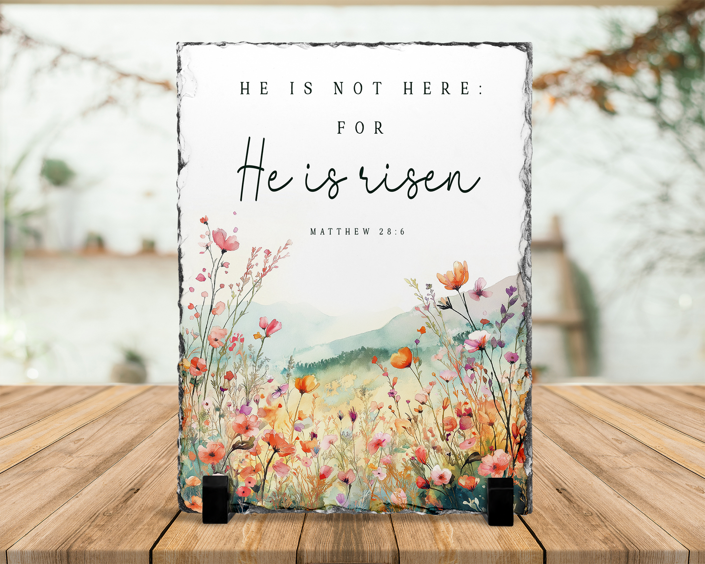 Religious Photo Slate with Stand, Easter Gift, Matthew 28.6 Verse, Inspirational Gift, Biblical Quote, Unique Gift for Mom, Tabletop Display